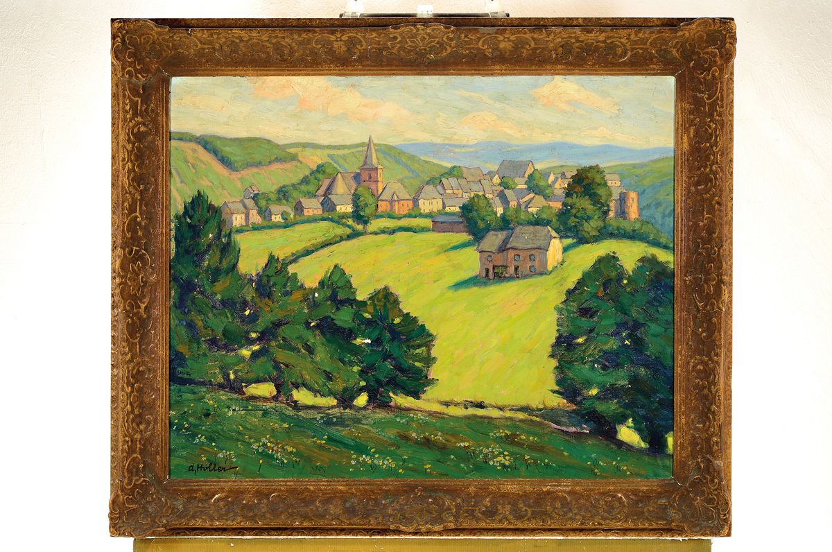 Detail k: Alfred Holler, 1888 Krefeld-vor 1955, Sommerliche hügelige Landschaft mit Blick auf eine Ortschaft mit Kirche, Öl/Lwd, links unten signiert, ca. ...