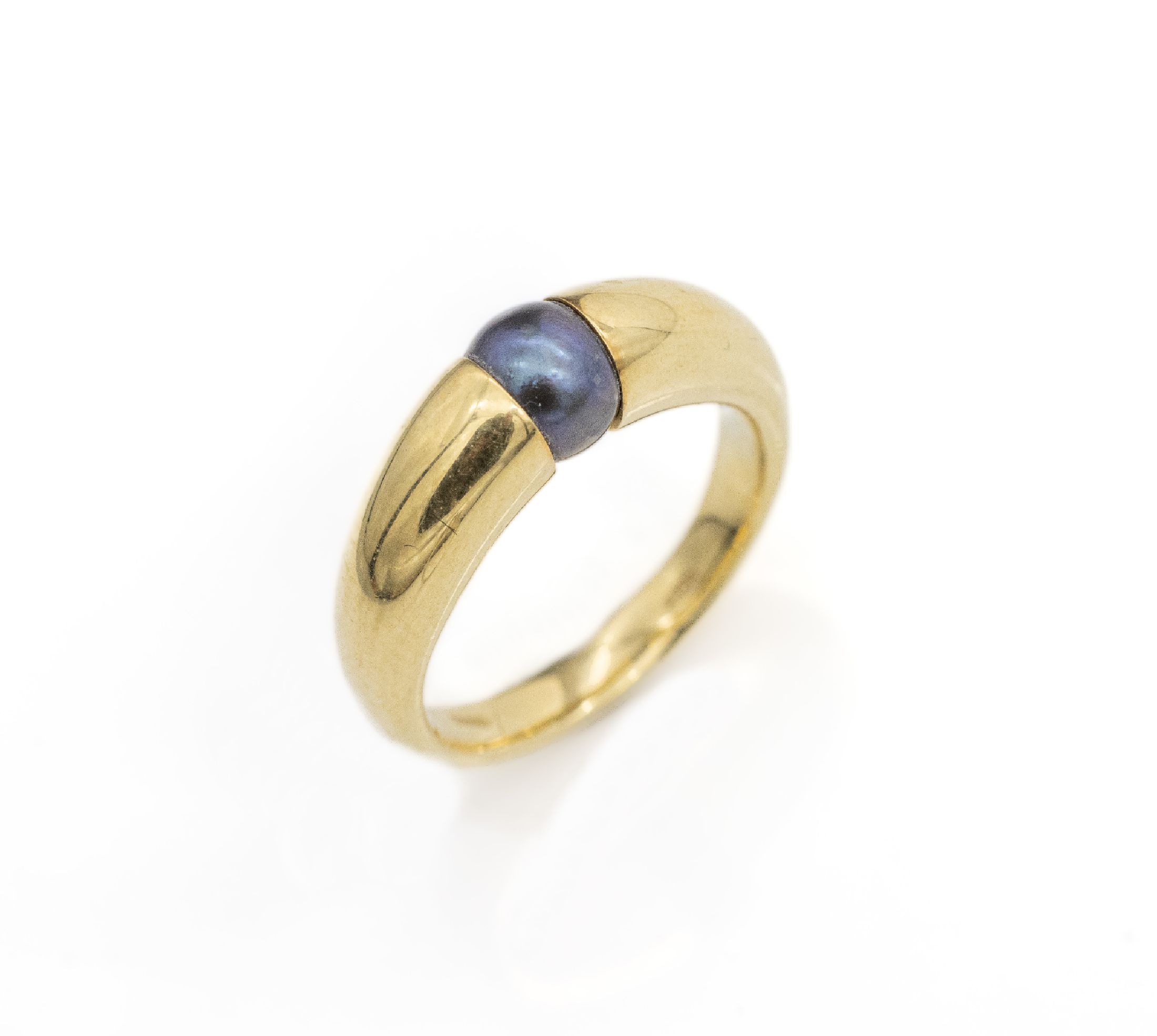 18 kt Gold Perl-Ring, GG 750/000, dunkelgraue Zuchtperle D. ca. 6.1 mm, ca. 7.0 g, RW 52.5