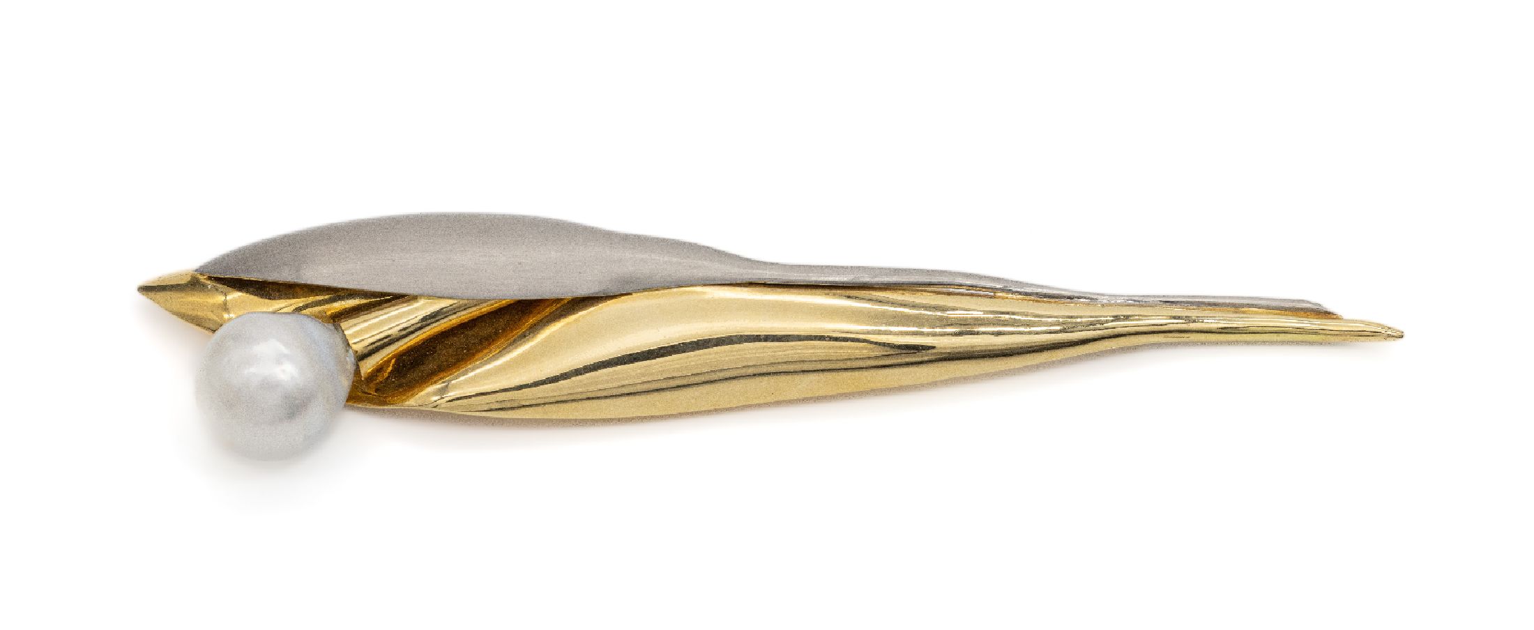 18 kt Gold Südseezuchtperl-Brosche, GG/WG 750/000, poliert und mattiert, abstrakt florale Gestaltung, große barocke Südseezuchtperle, D. ca. 15.2 ...
