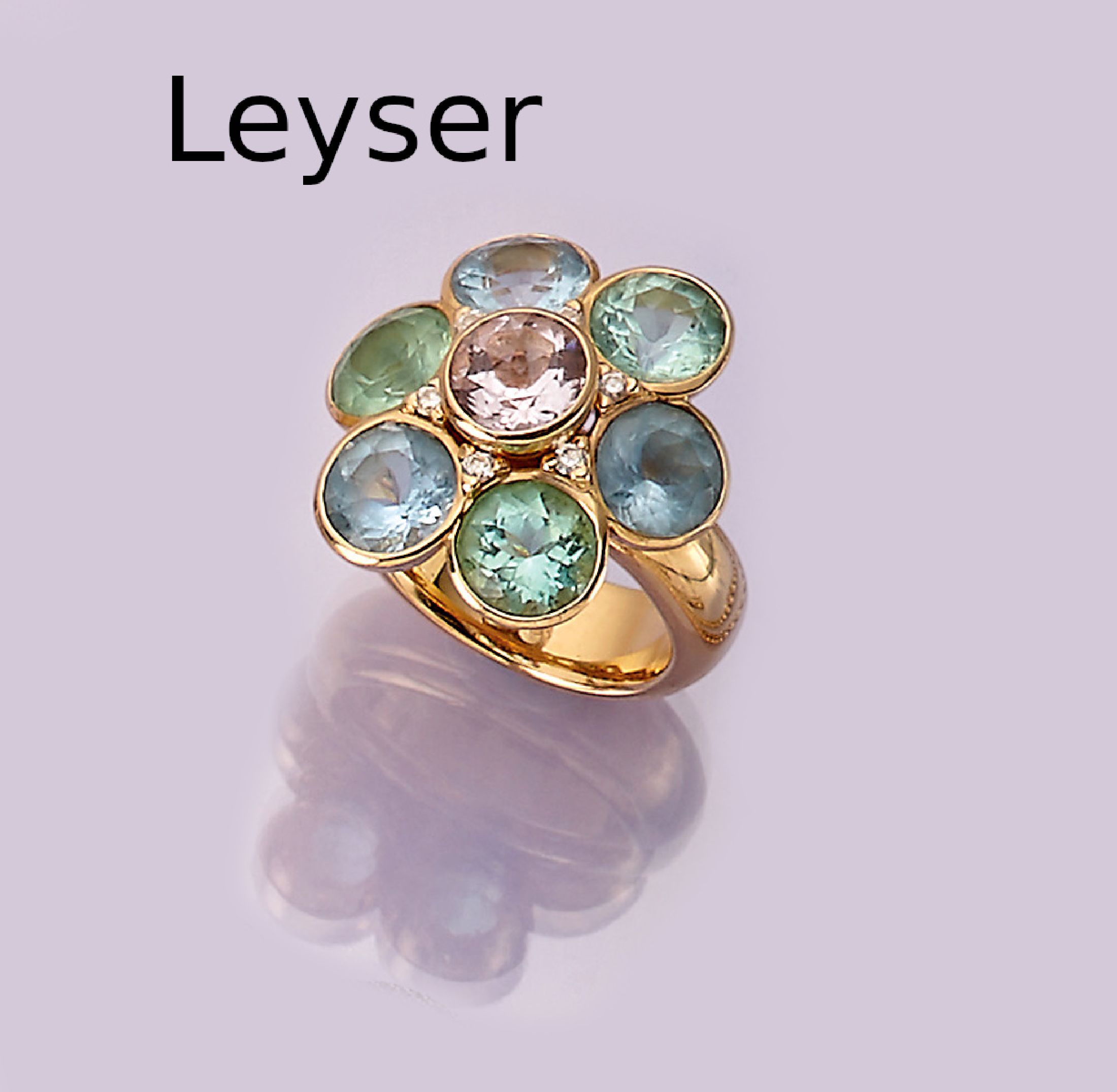 18 kt Gold LEYSER Farbstein-Brillant-Ring, GG 750/000, Ringkopf blütenförmig, 6 Brillanten zus. ca. 0.15 ct feines Weiß/vs, mittig rundfacett. ...