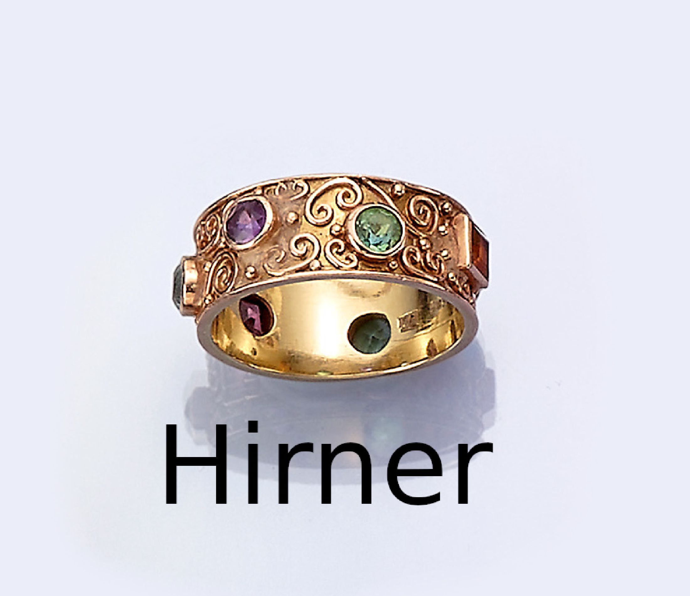 14 kt Gold Farbstein-Ring, GG 585/000, umlaufend Farbsteine in versch. Schliffformen,u.a. Topas (beh.), Türkis, Amethyst, Citrin, Turmalin, ...