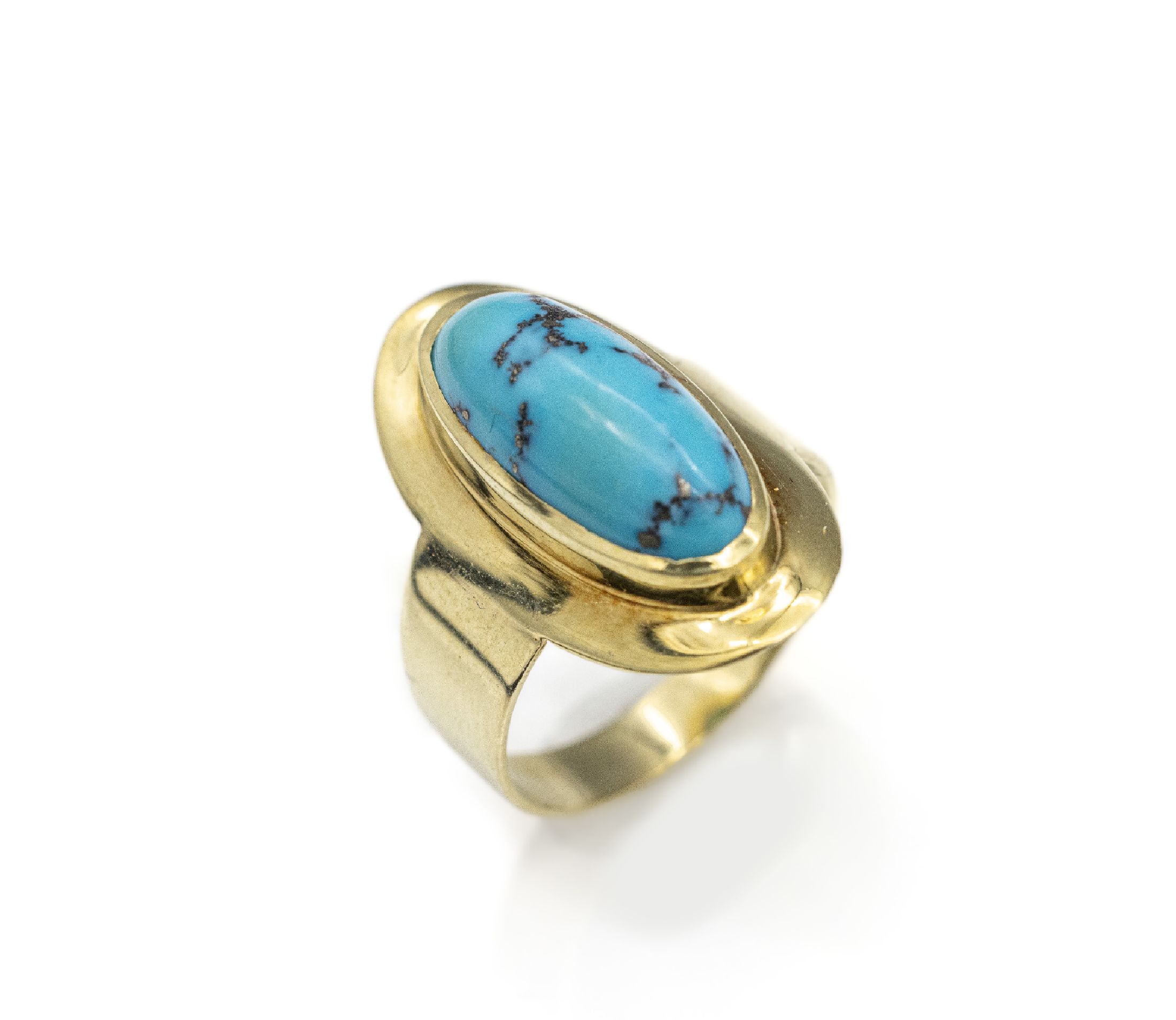 14 kt Gold Türkis-Ring, GG 585/000, ovaler Türkismatrix-Cabochon, total ca. 4.9 g, RW 59