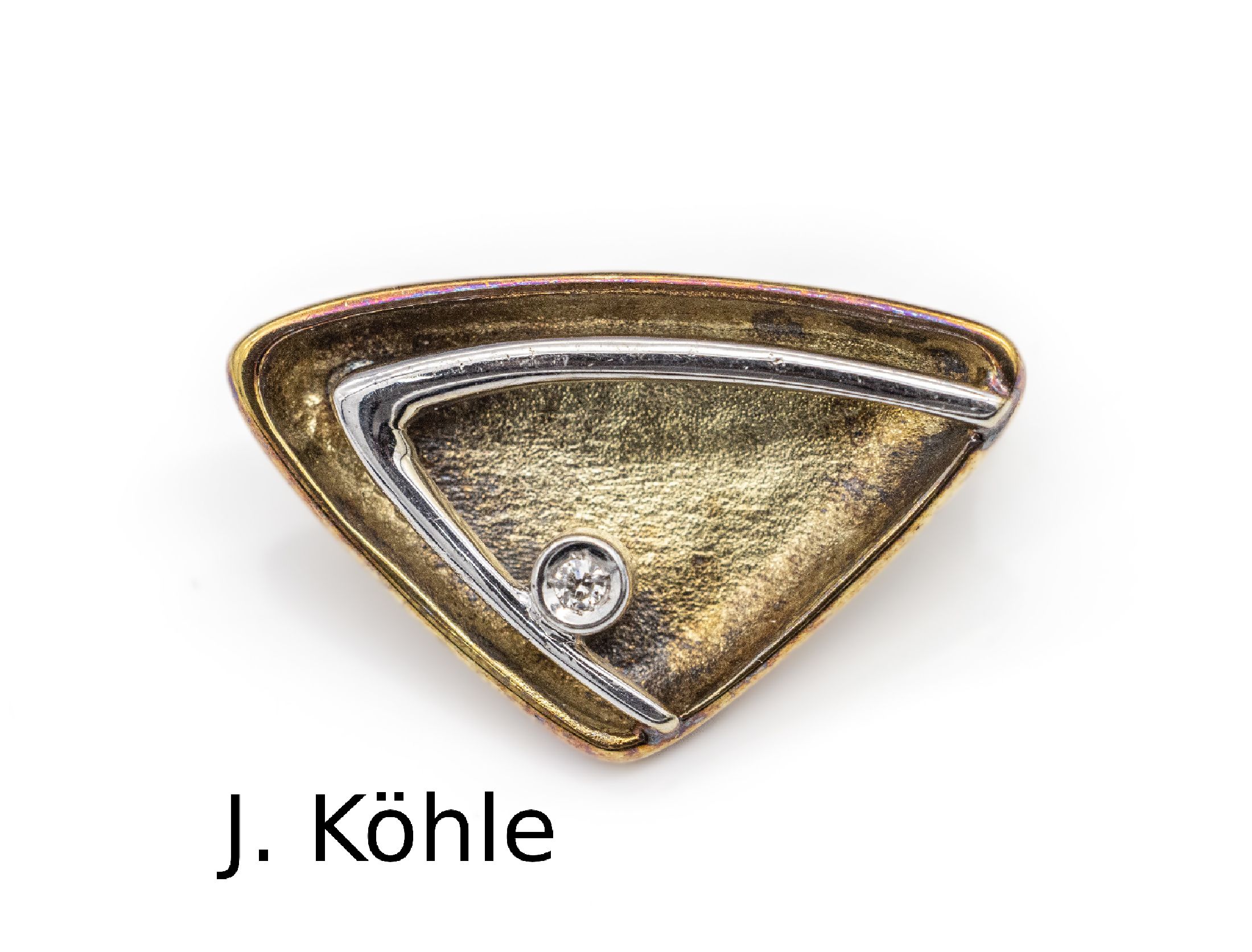 14 kt Gold Brillant-Brosche/Kettenverkürzer, GG/WG 585/000, Meistermarke J. KÖHLE, Pforzheim, kl. Brillant, total ca. 5.0 g, B. ca. 2.5 cm