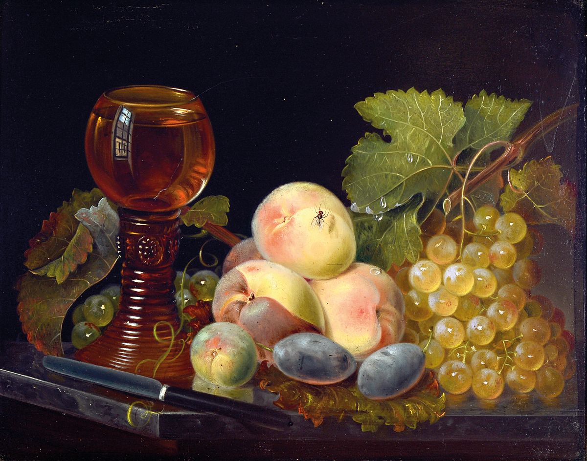 Unbekannter Künstler, wohl deutsch, um 1900, Stillleben mit Früchten und Weinglas, feine lasierende Malerei mit vielen Details wie Wassertropfen ...
