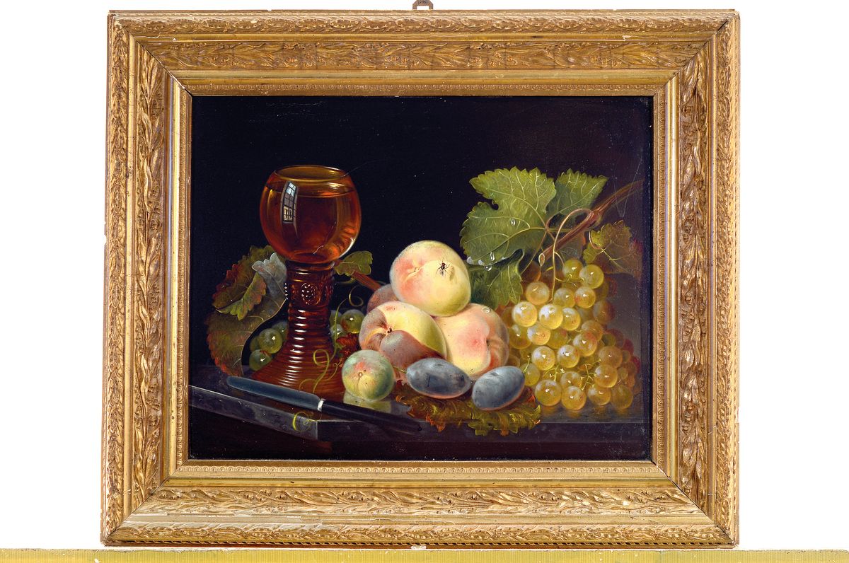 Detail k: Unbekannter Künstler, wohl deutsch, um 1900, Stillleben mit Früchten und Weinglas, feine lasierende Malerei mit vielen Details wie Wassertropfen ...