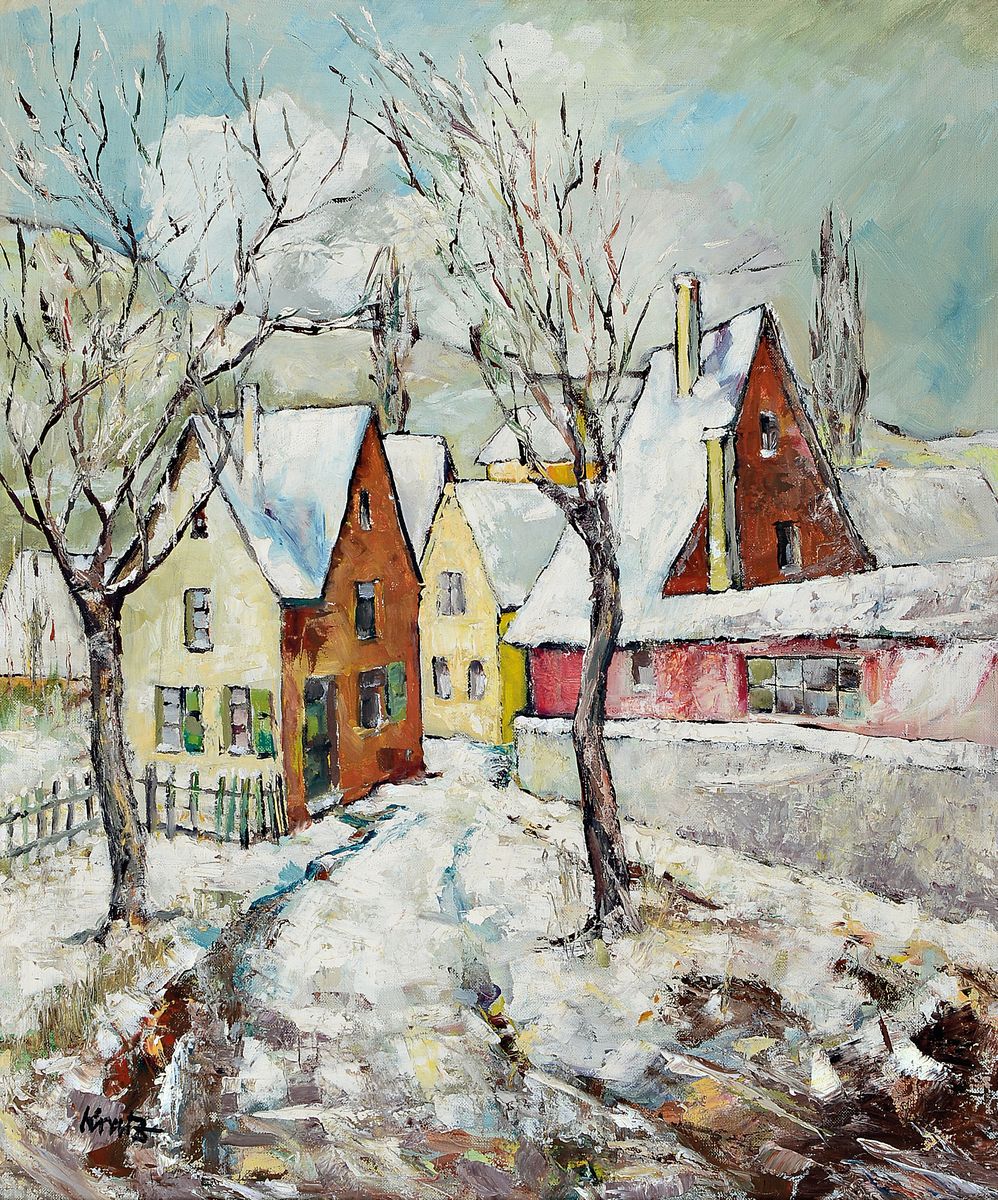 Kratz, Maler der Mitte des 20. Jh., Verschneite Stadtansicht, Öl/Hartfaser, links unten signiert, ca. 60x50cm, R. ca. 77x67cm