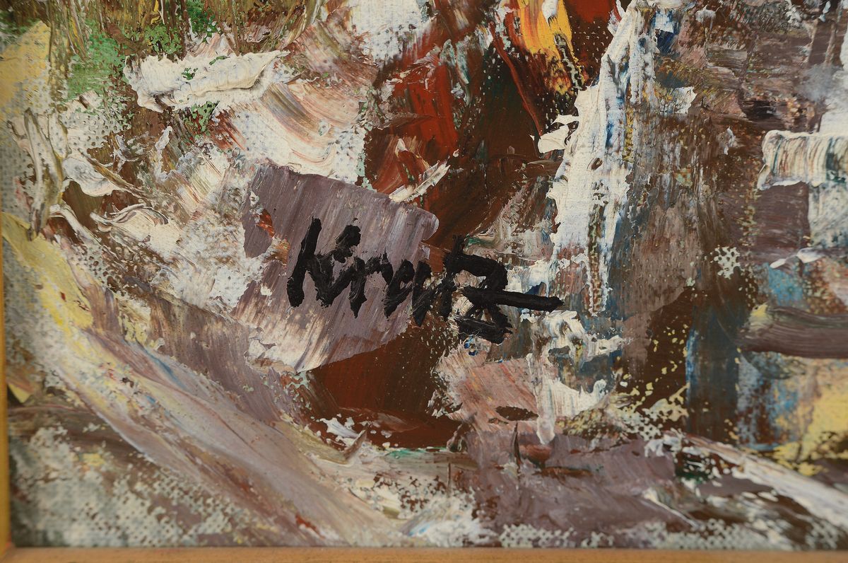 Detail a: Kratz, Maler der Mitte des 20. Jh., Verschneite Stadtansicht, Öl/Hartfaser, links unten signiert, ca. 60x50cm, R. ca. 77x67cm