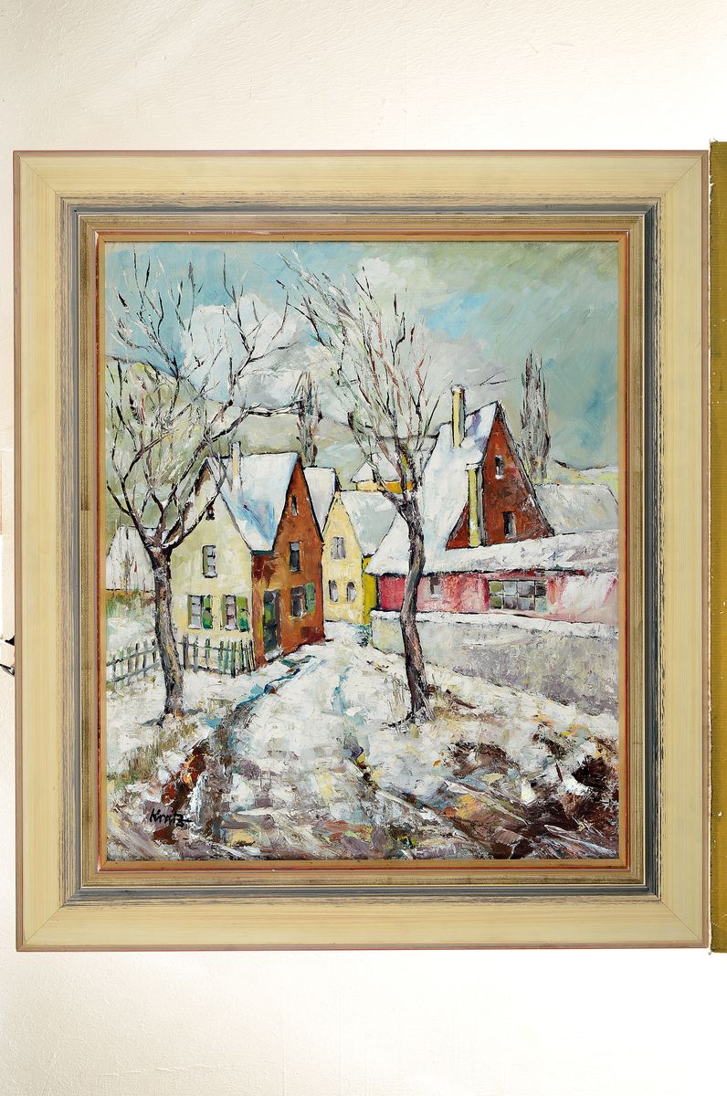 Detail k: Kratz, Maler der Mitte des 20. Jh., Verschneite Stadtansicht, Öl/Hartfaser, links unten signiert, ca. 60x50cm, R. ca. 77x67cm