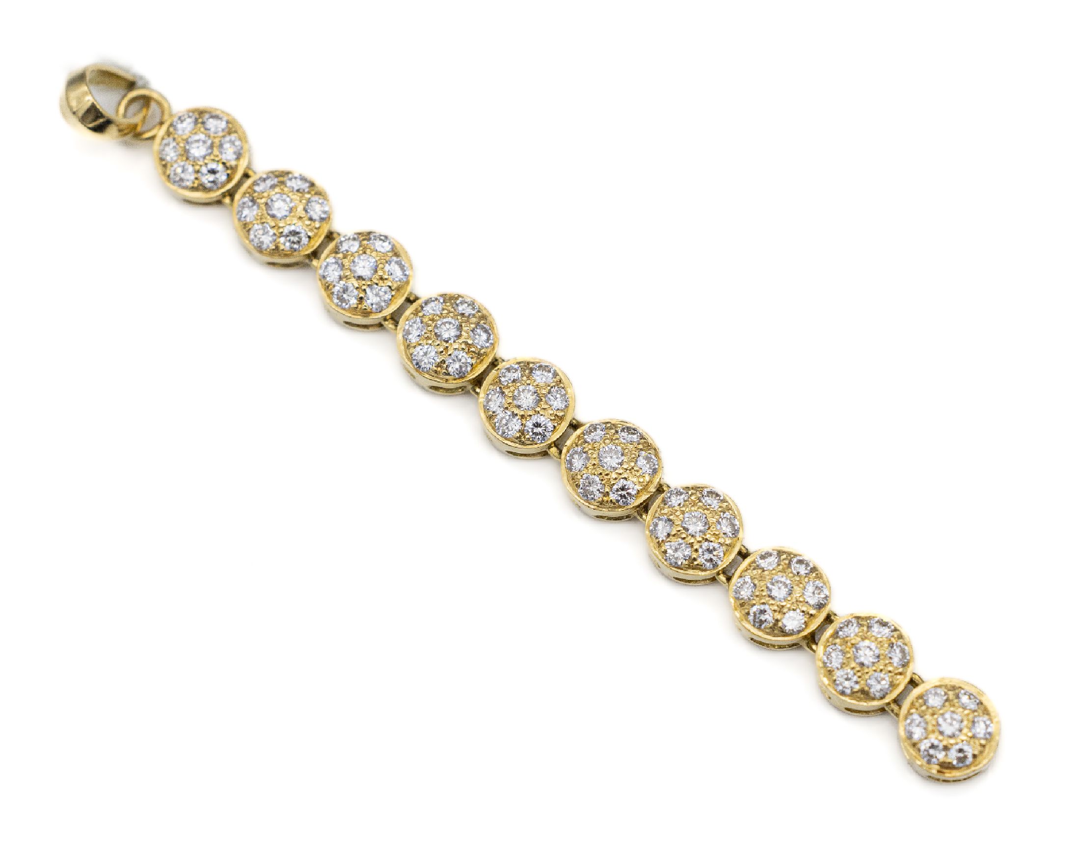 18 kt Gold Brillant-Anhänger, GG 750/000, 70 Brillanten zus. ca. 0.70 ct feines Weiß/ si, L. ca. 5 cm, total ca. 3.3 g