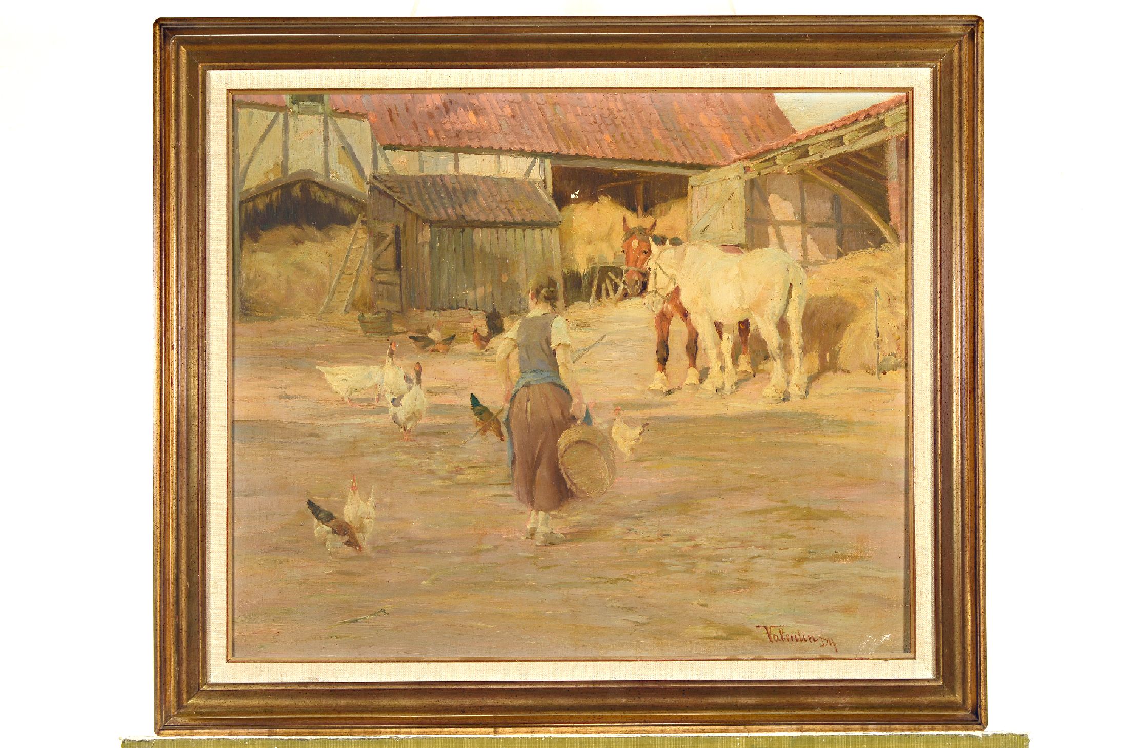 Karl Valentin, 1892 - 1948, Magd mit Tieren im Hof, Öl/Lwd, signiert, ca. 50 x 60 cm