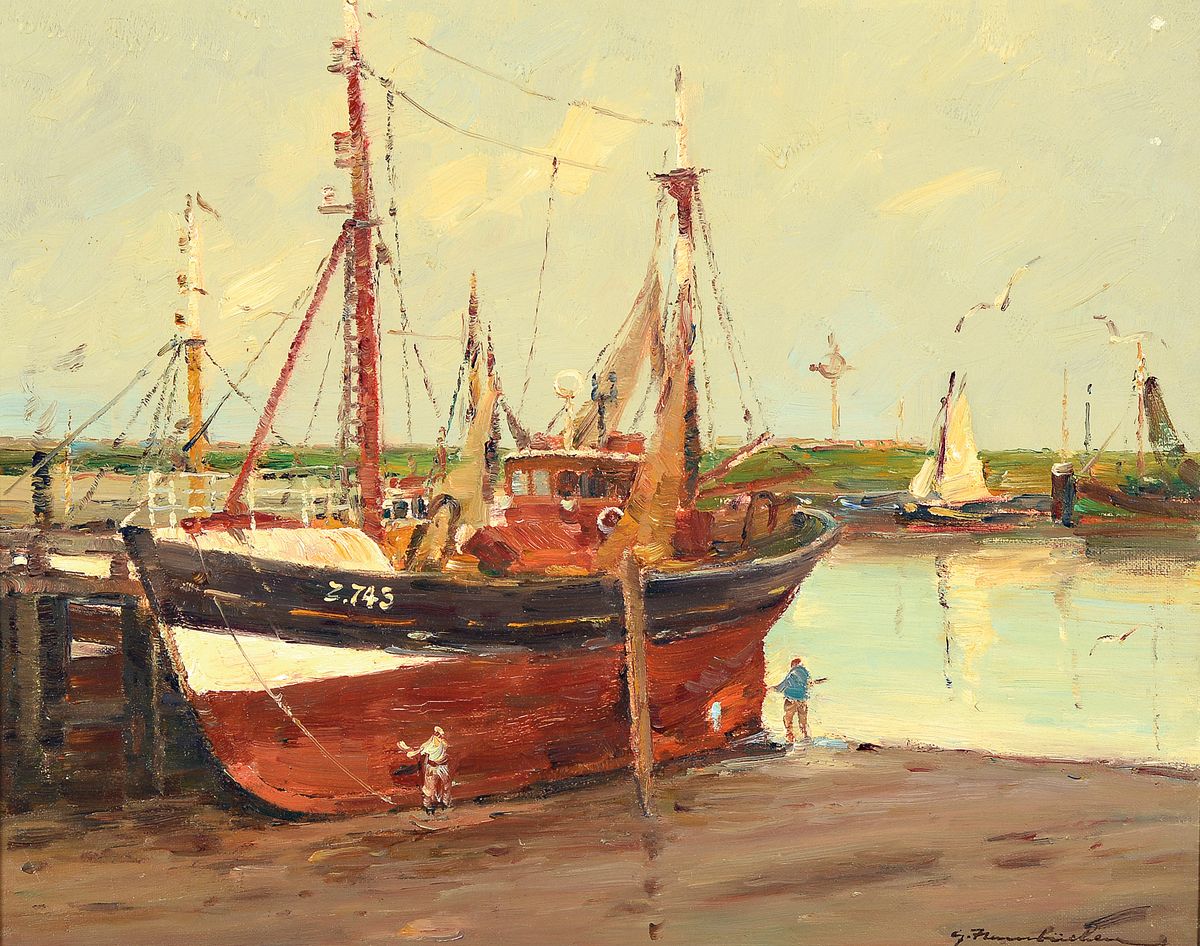 Georg Hambüchen, 1901 - 1971, Zwei Ölgemälde, Fischerboote im Trockendeck, Öl/ Lwd, signiert, ca. 50 x 40 cm, bzw. 38 x 46 cm, beide mit Rahmen, ...