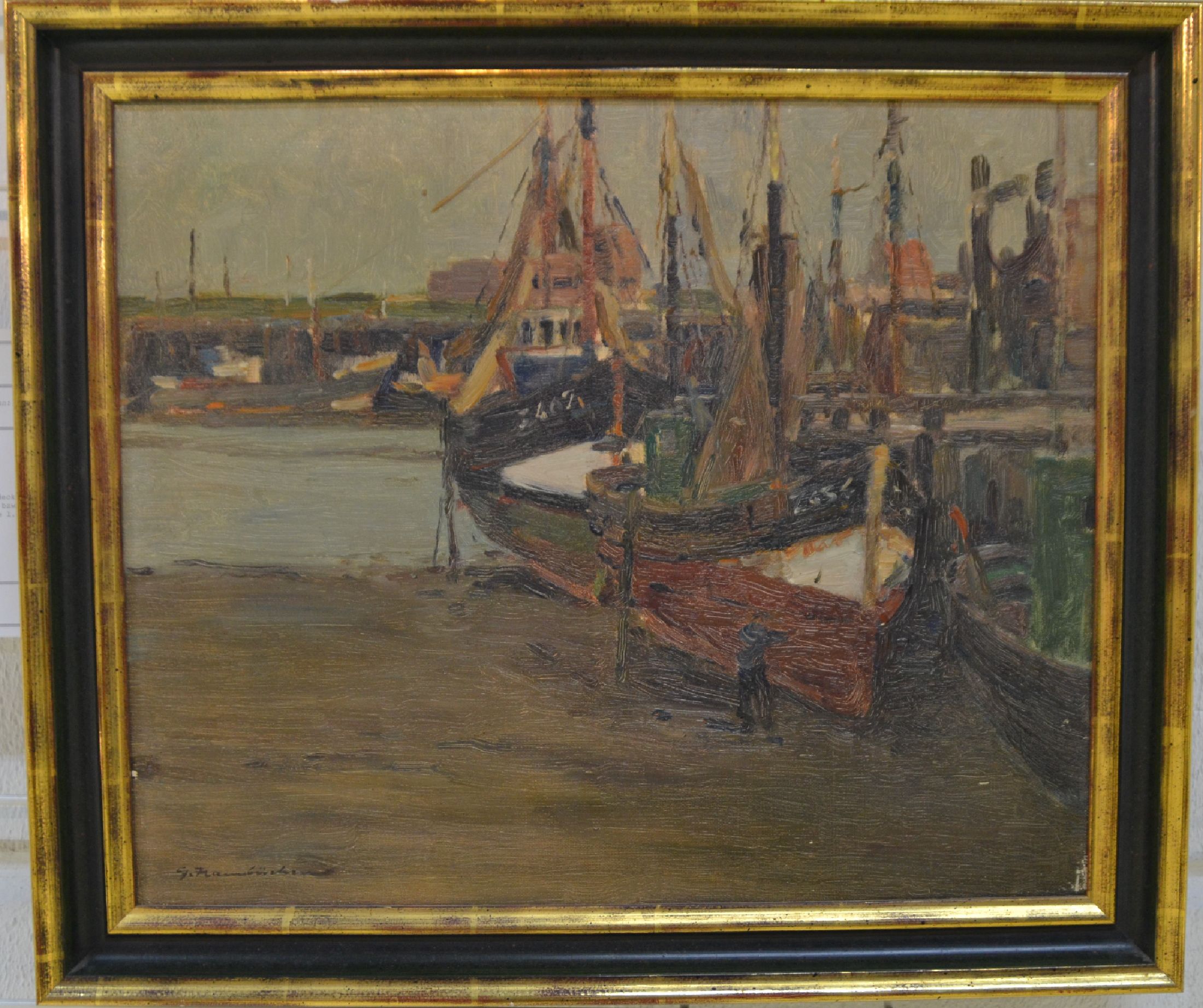 Detail d: Georg Hambüchen, 1901 - 1971, Zwei Ölgemälde, Fischerboote im Trockendeck, Öl/ Lwd, signiert, ca. 50 x 40 cm, bzw. 38 x 46 cm, beide mit Rahmen, ...