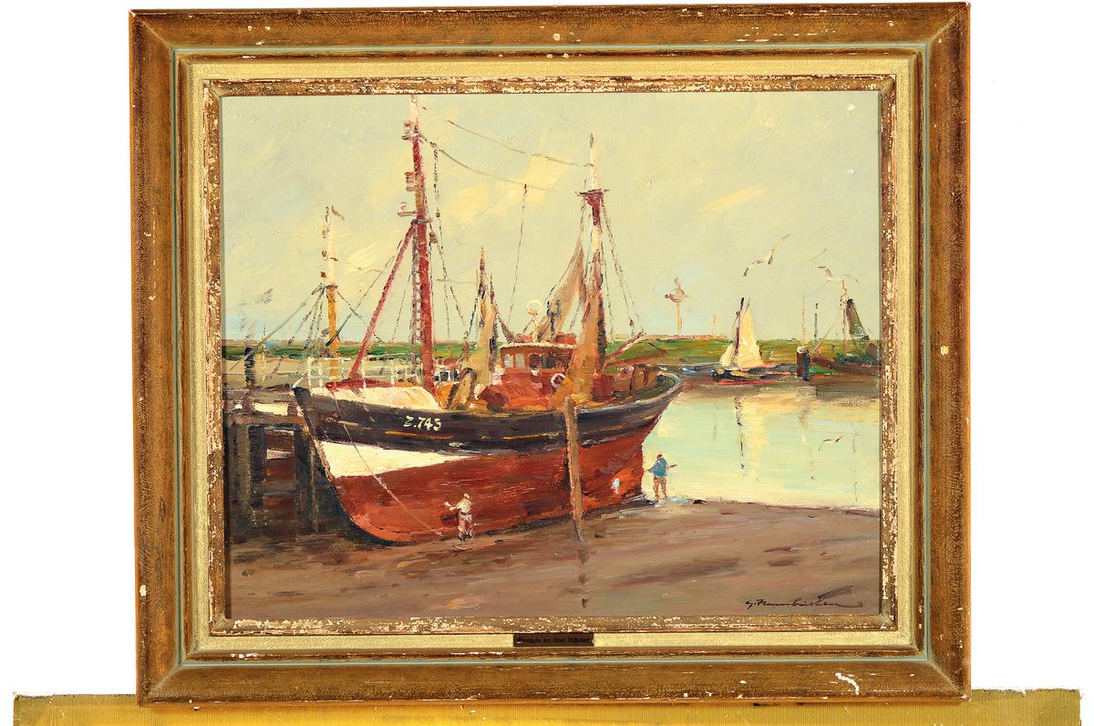 Detail k: Georg Hambüchen, 1901 - 1971, Zwei Ölgemälde, Fischerboote im Trockendeck, Öl/ Lwd, signiert, ca. 50 x 40 cm, bzw. 38 x 46 cm, beide mit Rahmen, ...