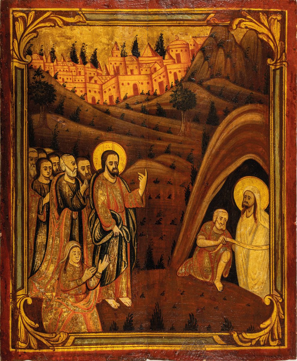Ikone, Mitte 19. Jh., Tempera auf Holz, Die Auferstehung des Lazarus, im Hintergrund die Stadtsilhouette von Bethanien, restauriert bzw. ...