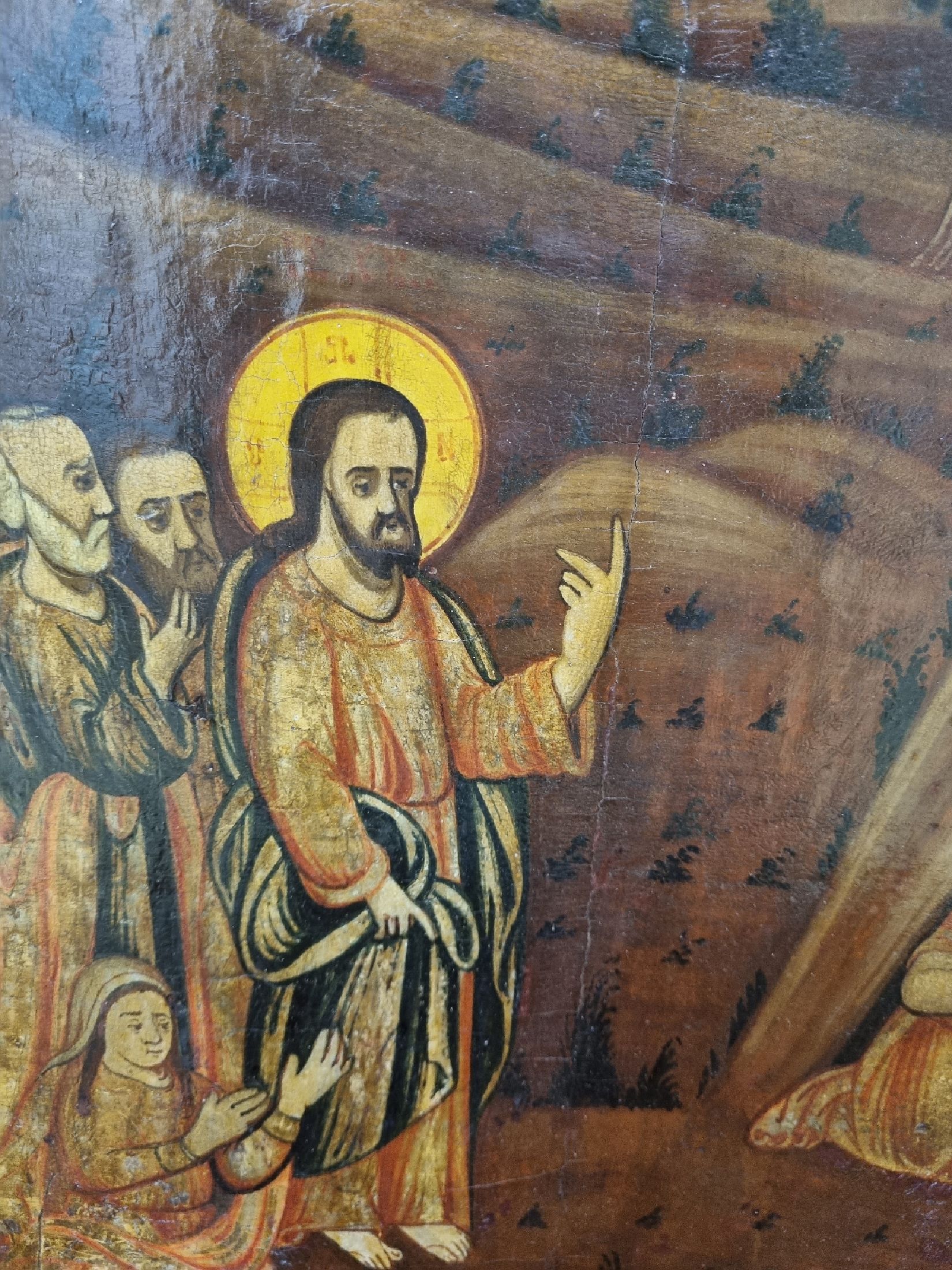 Detail a: Ikone, Mitte 19. Jh., Tempera auf Holz, Die Auferstehung des Lazarus, im Hintergrund die Stadtsilhouette von Bethanien, restauriert bzw. ...