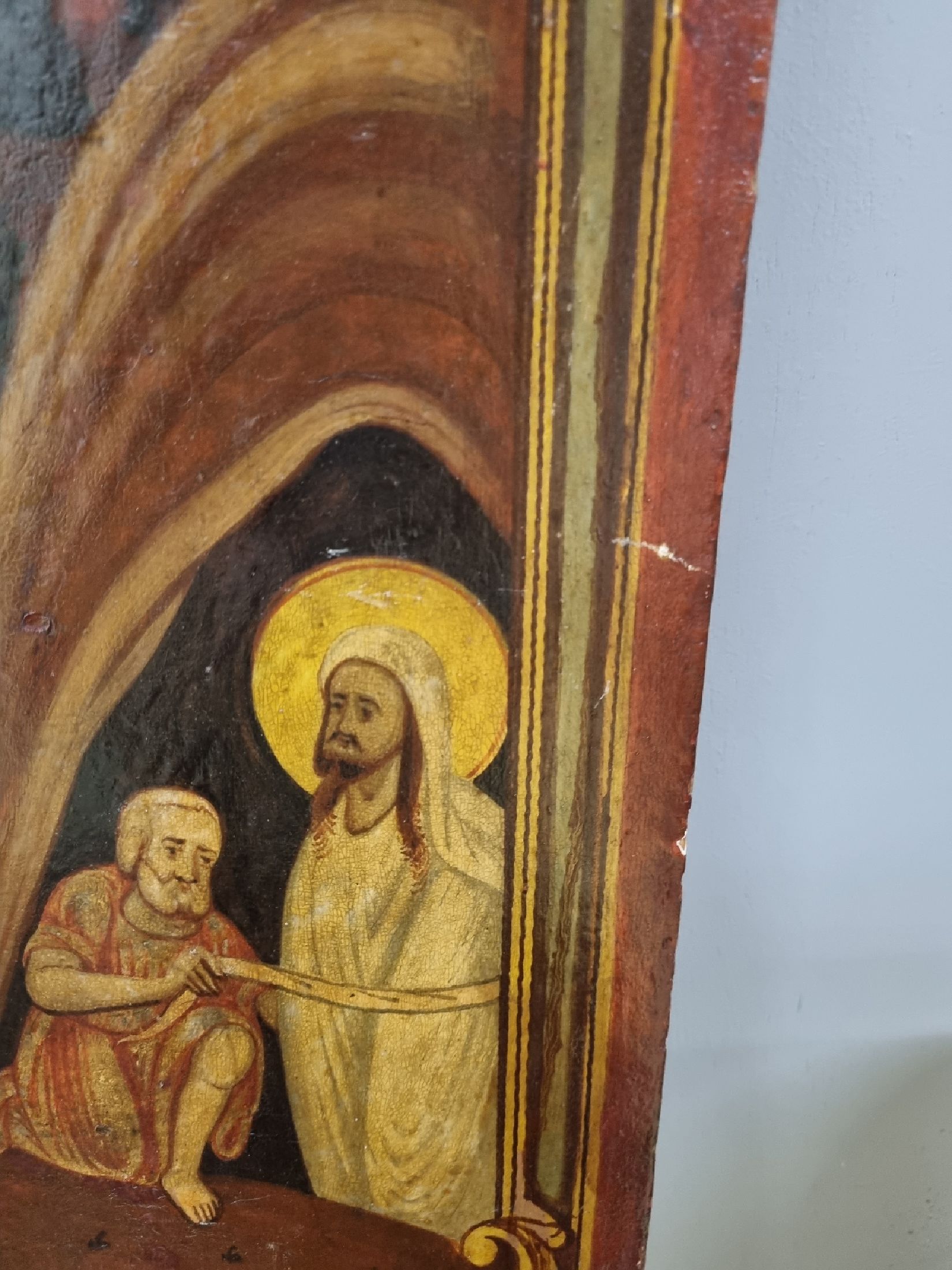 Detail c: Ikone, Mitte 19. Jh., Tempera auf Holz, Die Auferstehung des Lazarus, im Hintergrund die Stadtsilhouette von Bethanien, restauriert bzw. ...