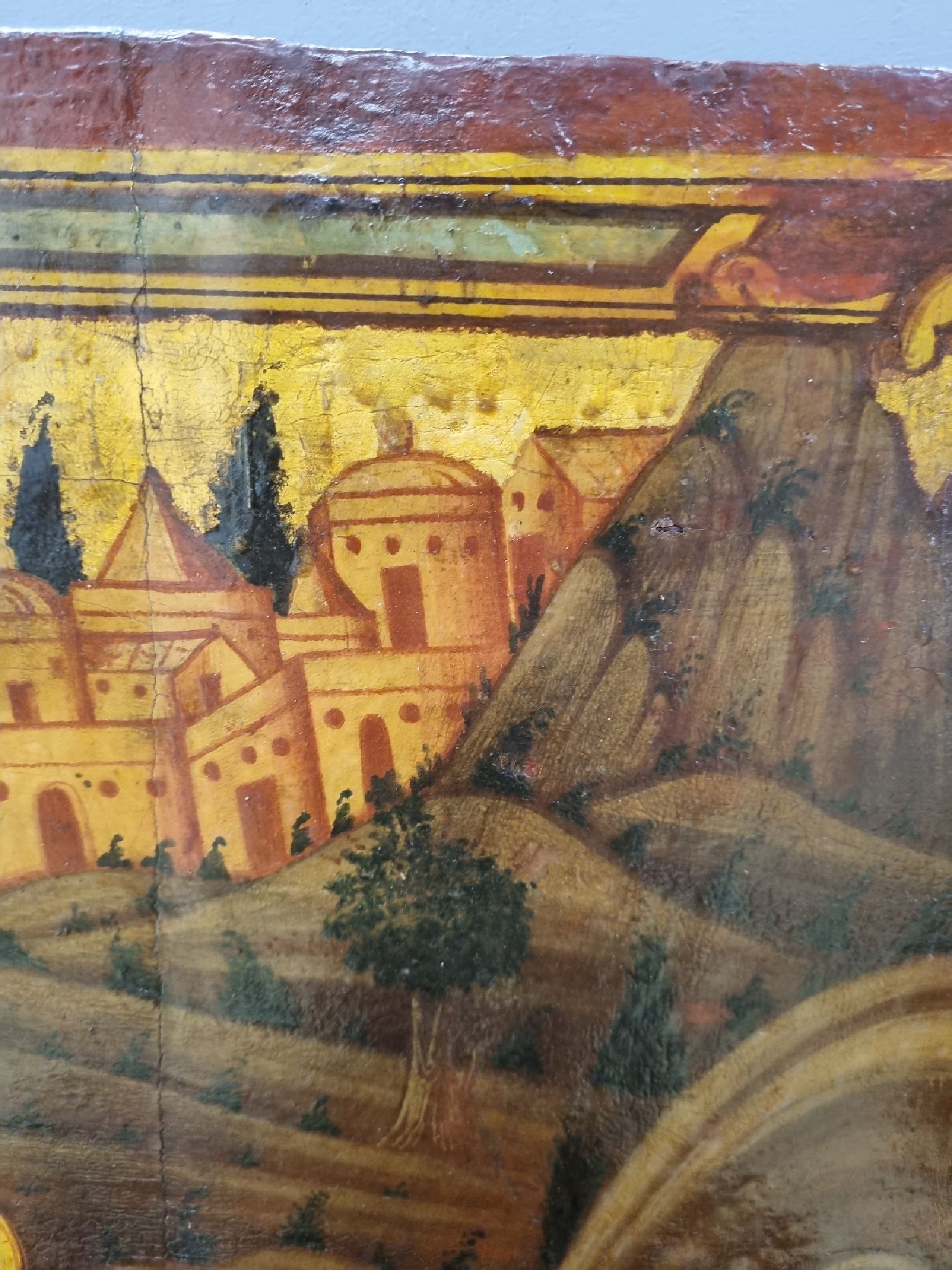 Detail k: Ikone, Mitte 19. Jh., Tempera auf Holz, Die Auferstehung des Lazarus, im Hintergrund die Stadtsilhouette von Bethanien, restauriert bzw. ...