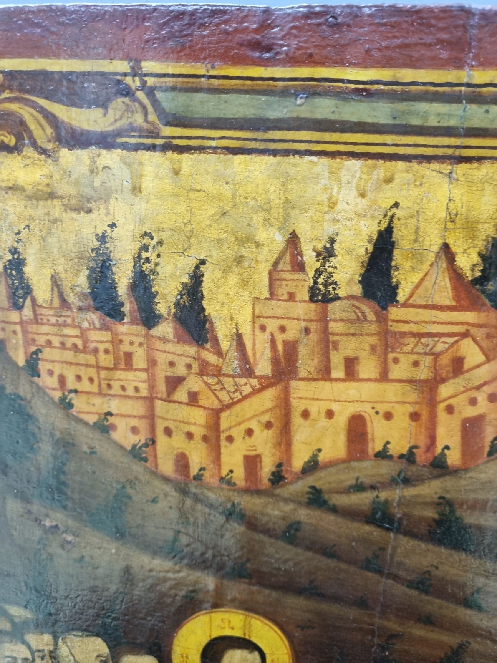 Detail l: Ikone, Mitte 19. Jh., Tempera auf Holz, Die Auferstehung des Lazarus, im Hintergrund die Stadtsilhouette von Bethanien, restauriert bzw. ...
