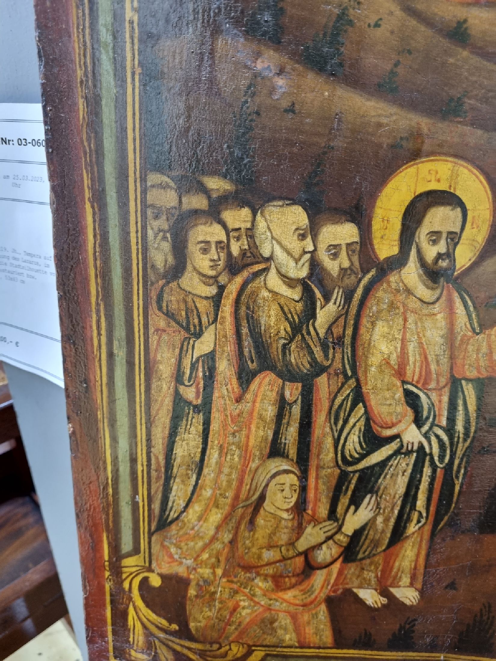 Detail n: Ikone, Mitte 19. Jh., Tempera auf Holz, Die Auferstehung des Lazarus, im Hintergrund die Stadtsilhouette von Bethanien, restauriert bzw. ...