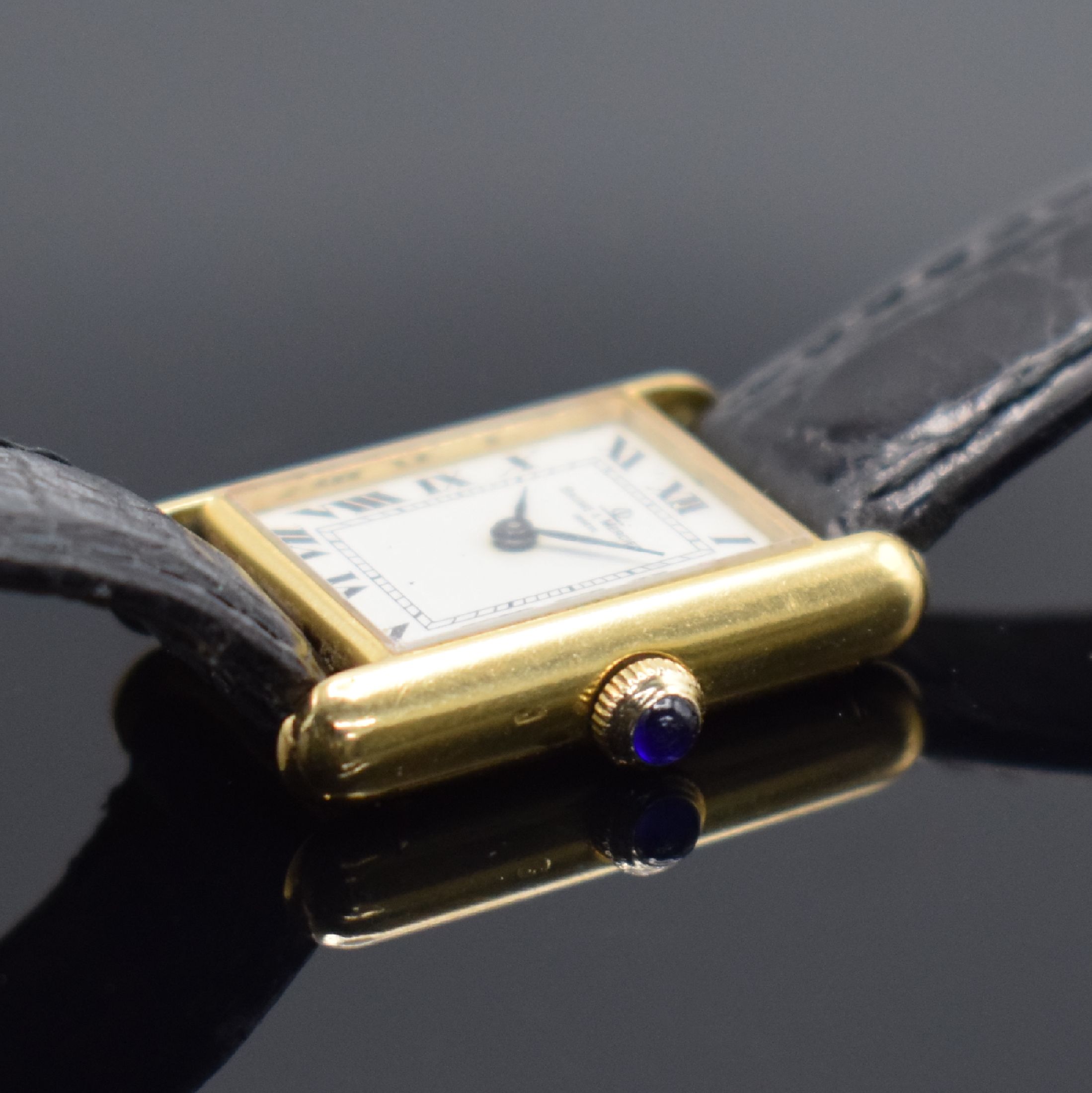 Detail b: BAUME & MERCIER Tank Damenarmbanduhr in GG 750/000 Referenz 38307, Schweiz um 1980, Handaufzug, Boden 4-fach verschr., Schmuckkrone, weißes ...