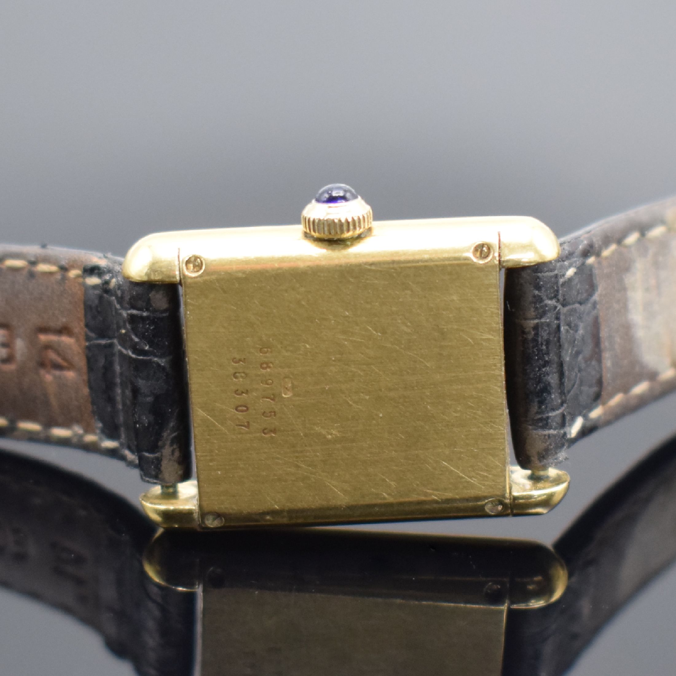 Detail c: BAUME & MERCIER Tank Damenarmbanduhr in GG 750/000 Referenz 38307, Schweiz um 1980, Handaufzug, Boden 4-fach verschr., Schmuckkrone, weißes ...