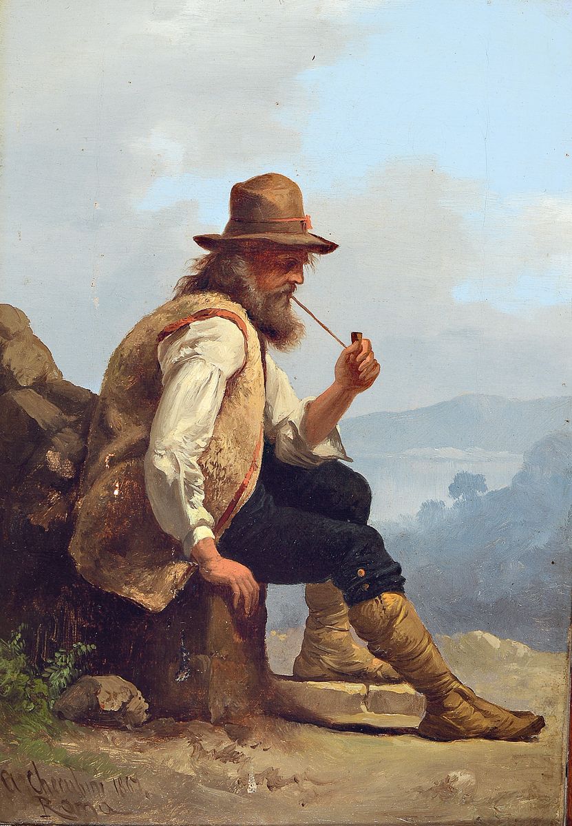 Andrea Cherubini, Rom 1833 - Capri 1905, Hirte mit Pfeife auf Felsvorsprung sitzend, Öl/Lwd, li. unten signiert und dat. 1867 Roma, l. rest., ca. 23 ...