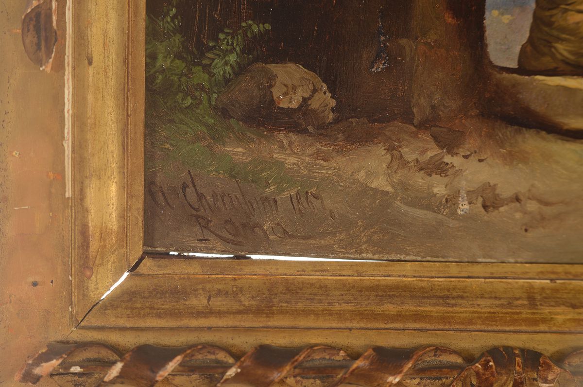 Detail a: Andrea Cherubini, Rom 1833 - Capri 1905, Hirte mit Pfeife auf Felsvorsprung sitzend, Öl/Lwd, li. unten signiert und dat. 1867 Roma, l. rest., ca. 23 ...