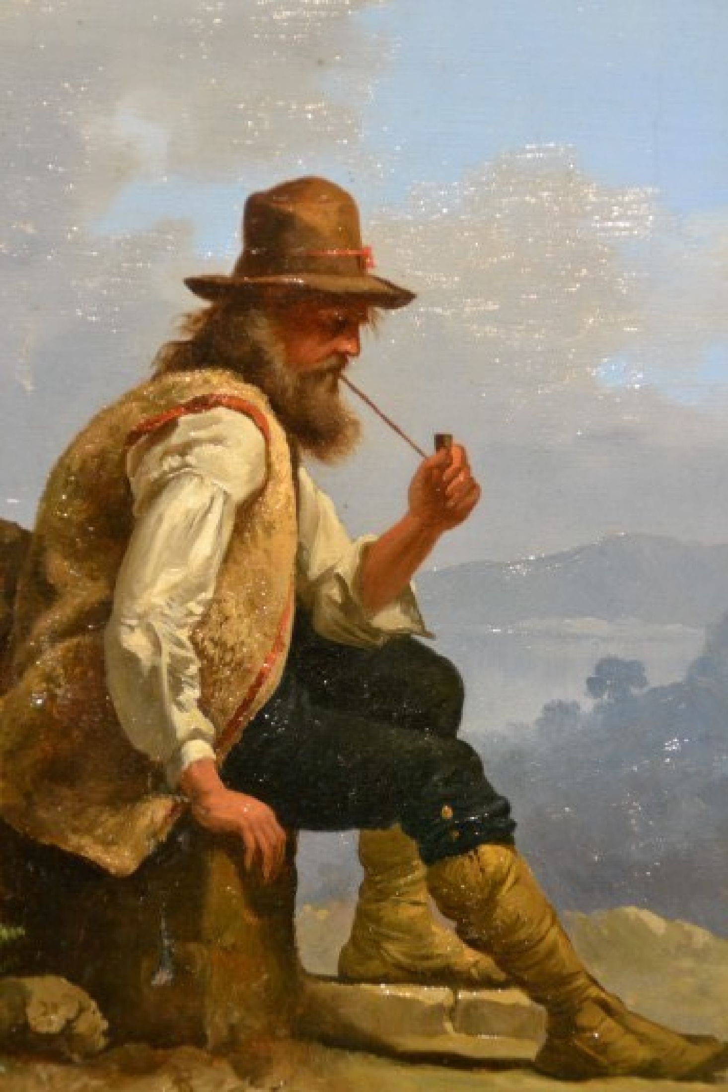 Detail b: Andrea Cherubini, Rom 1833 - Capri 1905, Hirte mit Pfeife auf Felsvorsprung sitzend, Öl/Lwd, li. unten signiert und dat. 1867 Roma, l. rest., ca. 23 ...