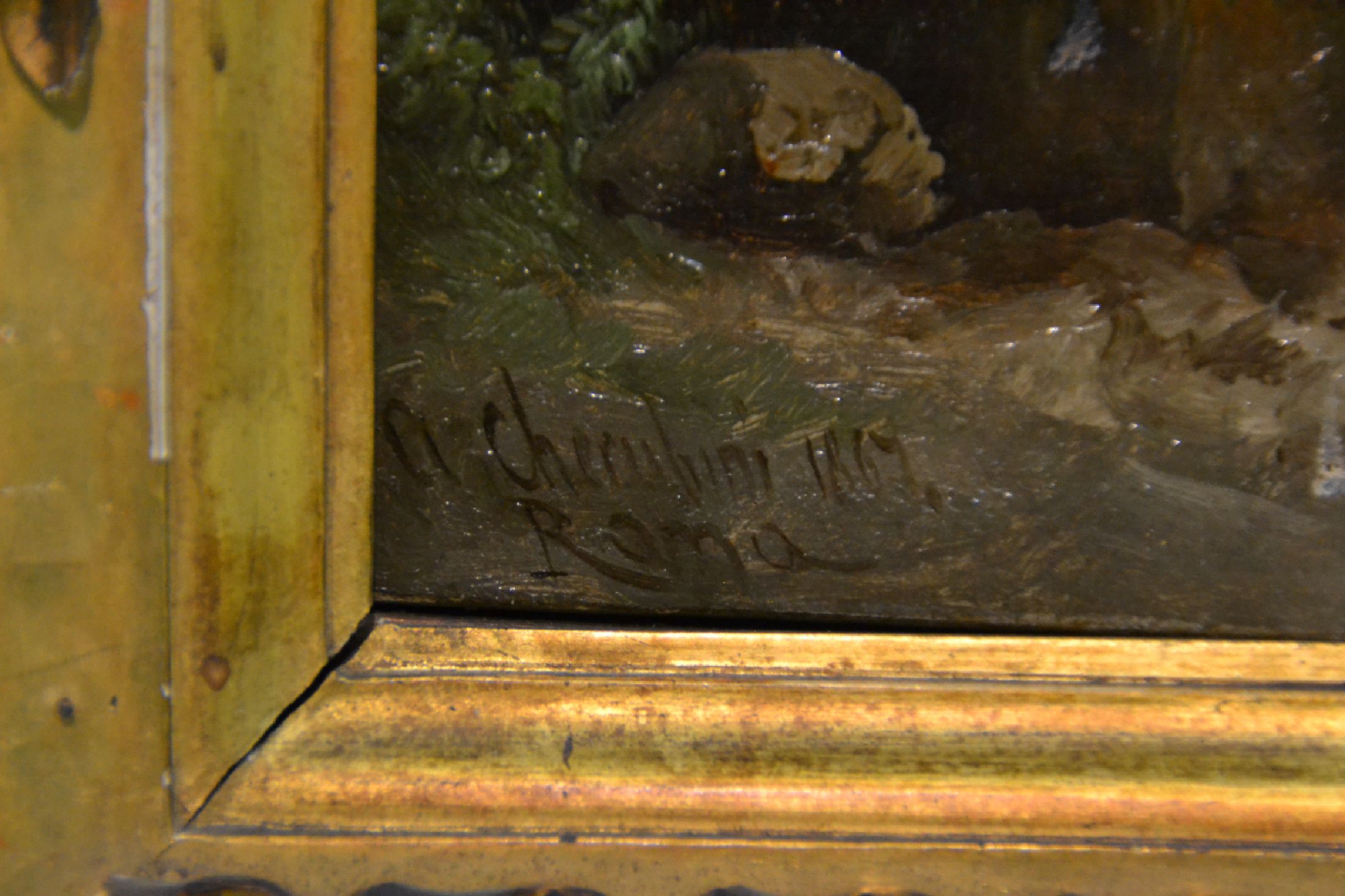 Detail c: Andrea Cherubini, Rom 1833 - Capri 1905, Hirte mit Pfeife auf Felsvorsprung sitzend, Öl/Lwd, li. unten signiert und dat. 1867 Roma, l. rest., ca. 23 ...