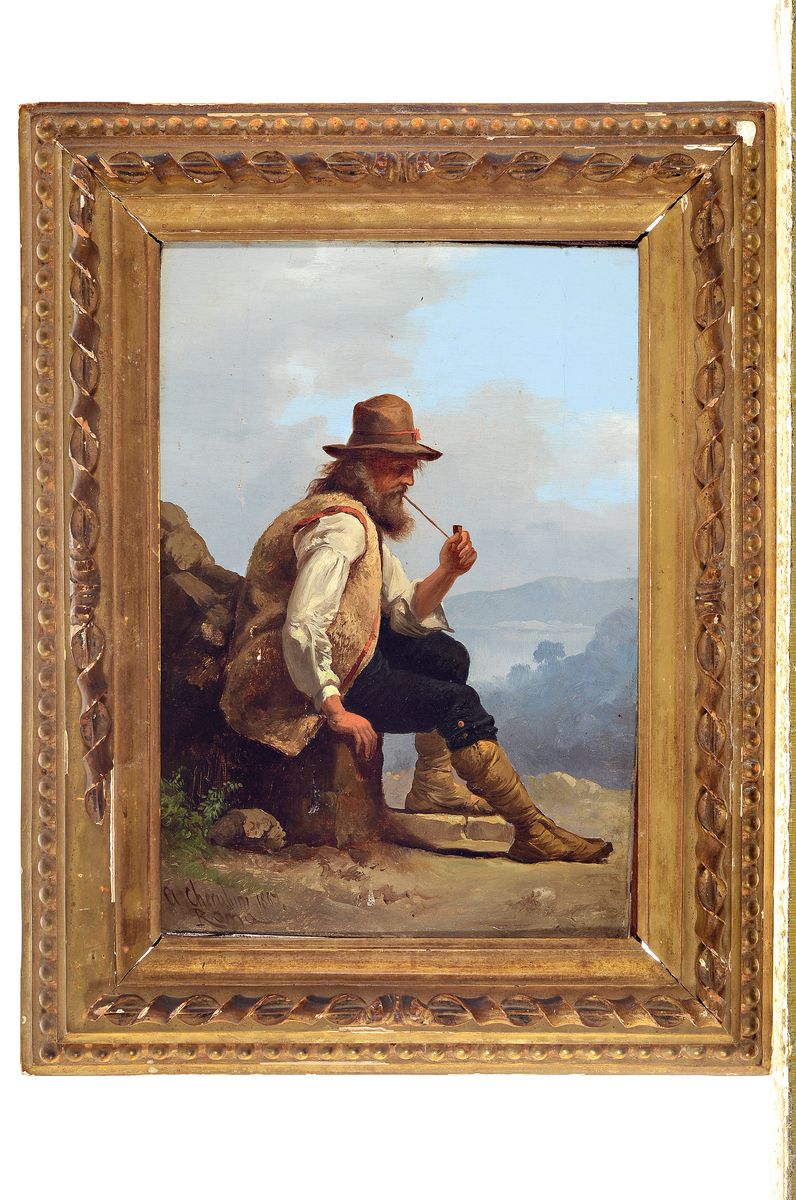 Detail k: Andrea Cherubini, Rom 1833 - Capri 1905, Hirte mit Pfeife auf Felsvorsprung sitzend, Öl/Lwd, li. unten signiert und dat. 1867 Roma, l. rest., ca. 23 ...