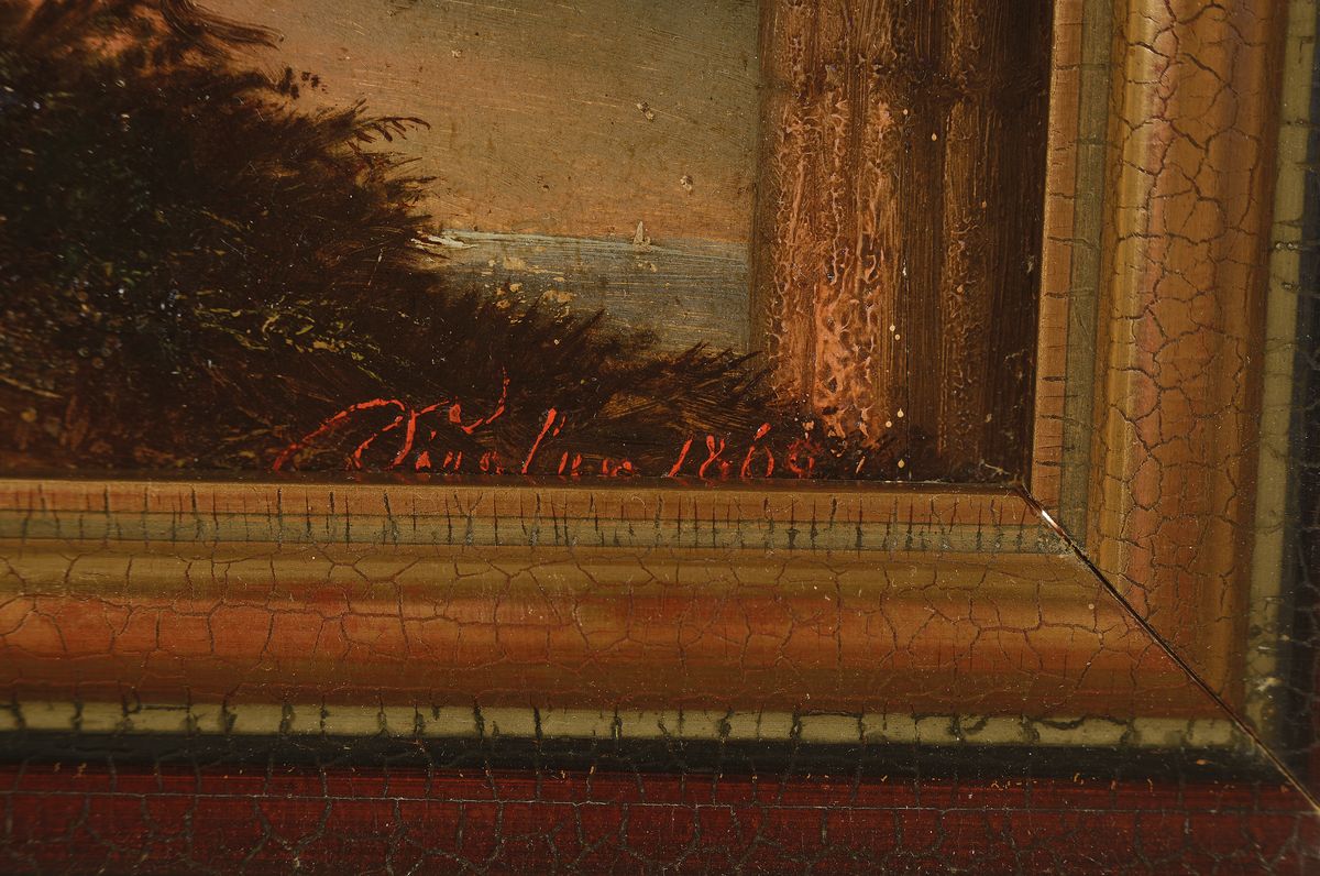 Detail a: Unbekannter Künstler, sign. Dingler oder ähnlich, Kautz in Mondlandschaft, im Hintergrund Ruine, re. u. rot signiert und dat. 1868, Öl/Holz, 26 x ...