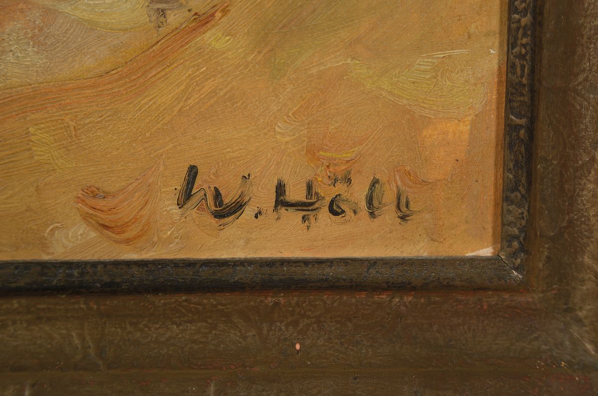 Detail a: Werner Höll, 1898 Freiburg-1984 Reutlingen, Studium an der Akademie Karlsruhe u.a. bei Albert Haueisen, Küstenlandschaft, Fischerdorf mit Blick auf ...