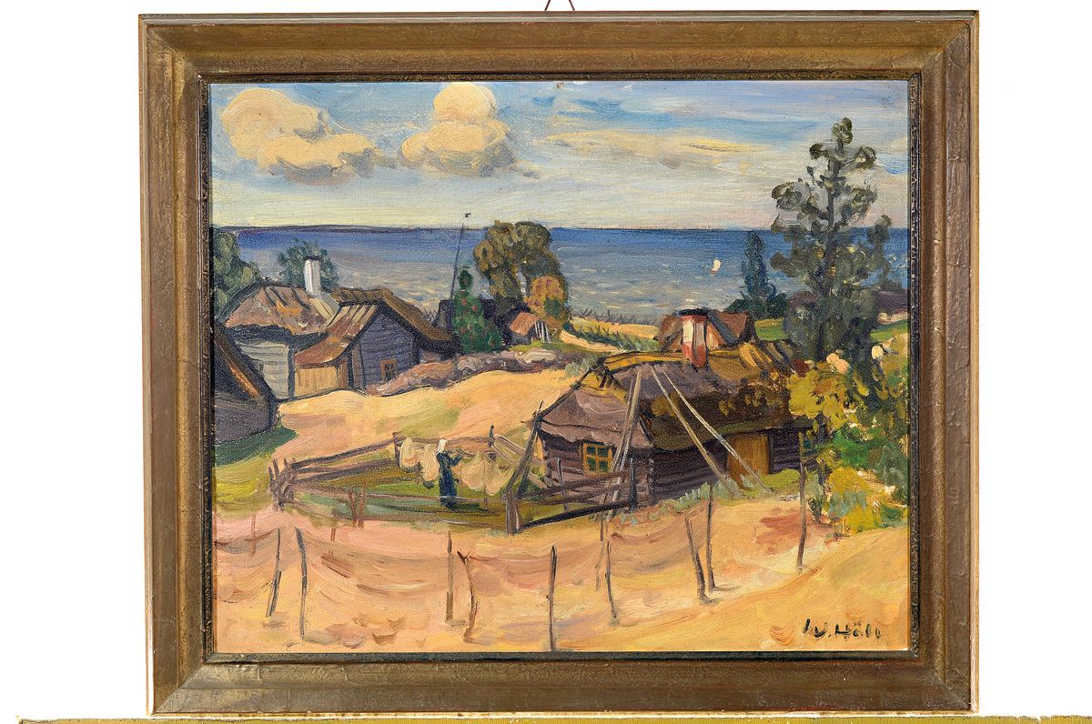 Detail k: Werner Höll, 1898 Freiburg-1984 Reutlingen, Studium an der Akademie Karlsruhe u.a. bei Albert Haueisen, Küstenlandschaft, Fischerdorf mit Blick auf ...