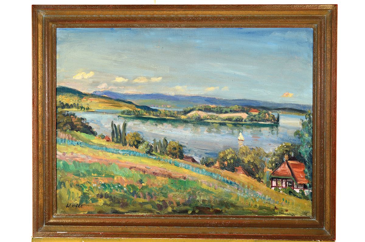 Detail k: Werner Höll, 1898 Freiburg - 1984 Reutlingen , Studium an der Akademie Karlsruhe u.a. bei Albert Haueisen, "Insel Mainau" so verso bez., ...