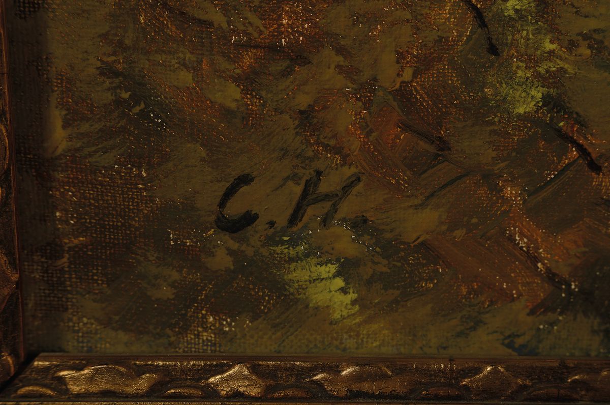 Detail a: Monogrammist C.H., Künstler der Mitte des 20. Jh., Blick über die Alte Brücke auf das Heidelberger Schloß, links unten monogrammiert Öl/Lwd, ...