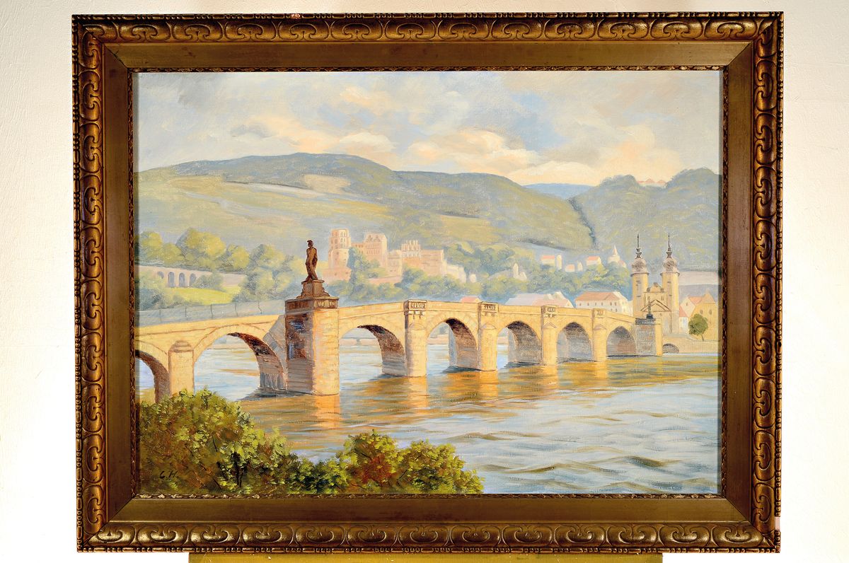 Detail k: Monogrammist C.H., Künstler der Mitte des 20. Jh., Blick über die Alte Brücke auf das Heidelberger Schloß, links unten monogrammiert Öl/Lwd, ...