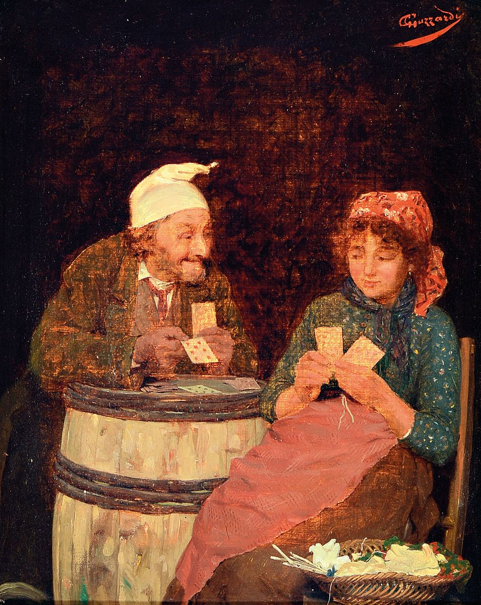 Giuseppe Rudolph Guzzardi, 1845 - 1914, Genreszene, Ungleiches Paar beim Kartenspiel, Öl/Lwd, rechts oben signiert, breiter Prunkrahmen, 31x26 / ...