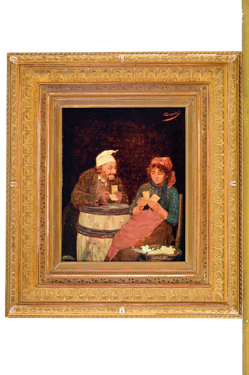 Detail k: Giuseppe Rudolph Guzzardi, 1845 - 1914, Genreszene, Ungleiches Paar beim Kartenspiel, Öl/Lwd, rechts oben signiert, breiter Prunkrahmen, 31x26 / ...
