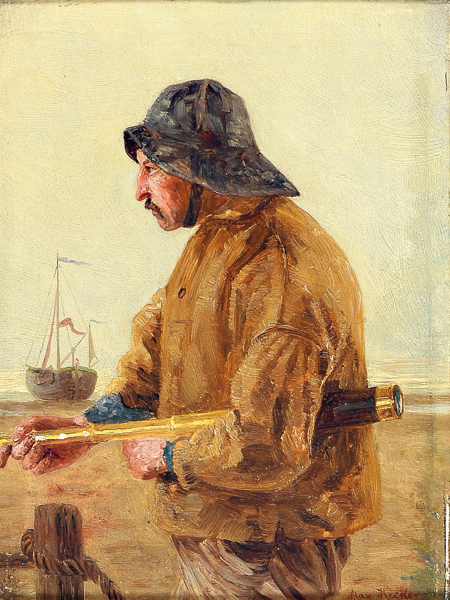 Max Hecker, 1864-1945, Fischer am Strand, charakterisiert durch ausgezogenes Fernglas, Hüftbild im Profil, rechts unten signiert, Öl/Holzplatte, ...