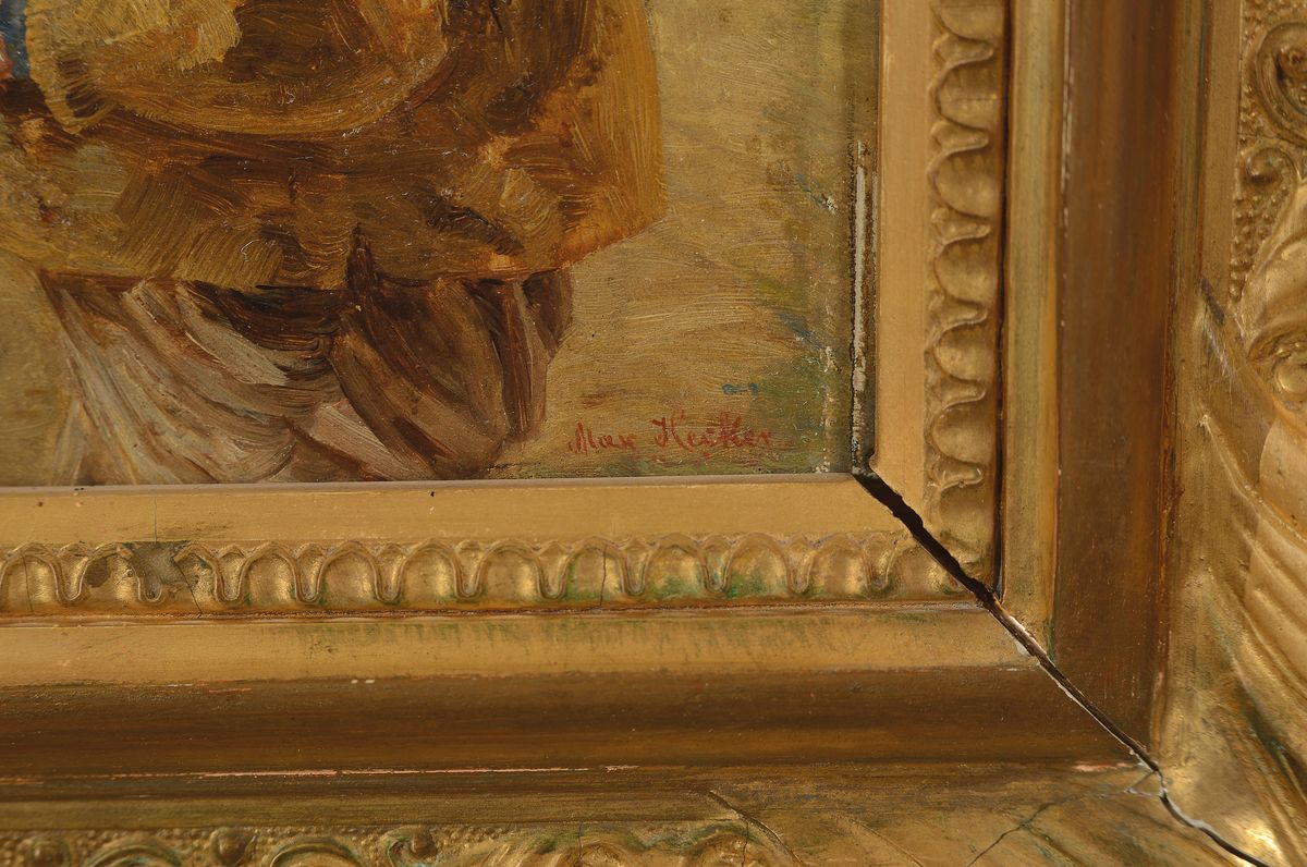 Detail a: Max Hecker, 1864-1945, Fischer am Strand, charakterisiert durch ausgezogenes Fernglas, Hüftbild im Profil, rechts unten signiert, Öl/Holzplatte, ...