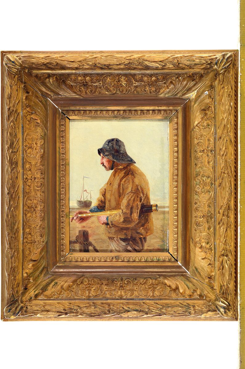 Detail k: Max Hecker, 1864-1945, Fischer am Strand, charakterisiert durch ausgezogenes Fernglas, Hüftbild im Profil, rechts unten signiert, Öl/Holzplatte, ...