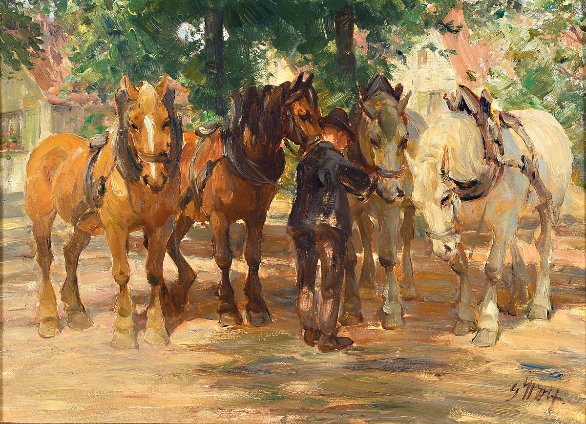 Erich Wolf, 1882 - 1962, Bauer mit vier Pferden, Öl/Holz, re. unten signiert, ca. 40 x 55 cm, Prunkrahmen l. beschädigt, ca. 56 x 70 cm
