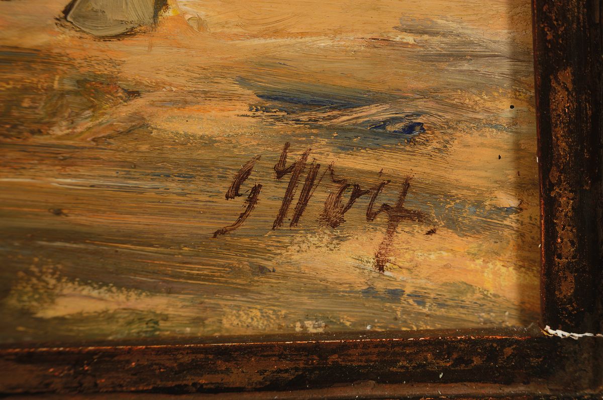 Detail a: Erich Wolf, 1882 - 1962, Bauer mit vier Pferden, Öl/Holz, re. unten signiert, ca. 40 x 55 cm, Prunkrahmen l. beschädigt, ca. 56 x 70 cm