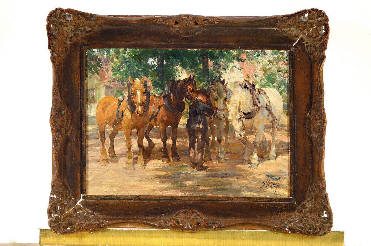 Detail k: Erich Wolf, 1882 - 1962, Bauer mit vier Pferden, Öl/Holz, re. unten signiert, ca. 40 x 55 cm, Prunkrahmen l. beschädigt, ca. 56 x 70 cm