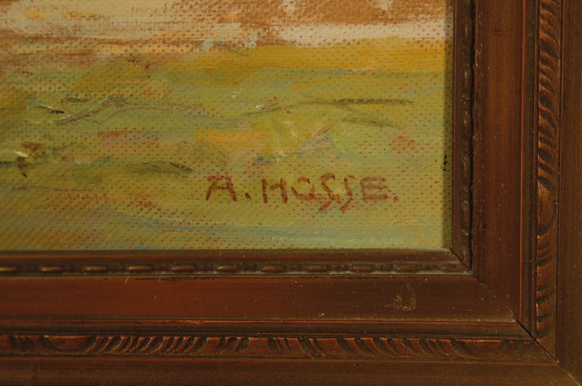 Detail a: Adolf Hosse, 1875 Hanau - 1958, Kutsche vor Schloß Benrath, Öl/Malkarton, signiert, rückseitig auf Etikett bez. "Schloß Benrath" , ca. ...