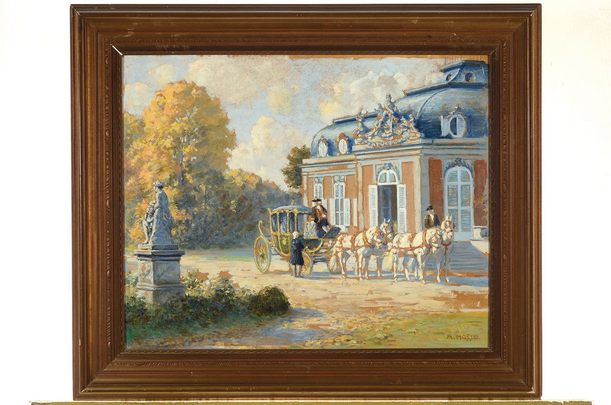 Detail k: Adolf Hosse, 1875 Hanau - 1958, Kutsche vor Schloß Benrath, Öl/Malkarton, signiert, rückseitig auf Etikett bez. "Schloß Benrath" , ca. ...