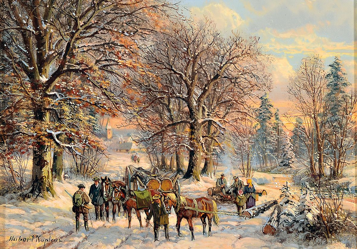 Hubert Kaplan, geb. 1940, Holzarbeiter im winterlichen Wald, Waldarbeiter, Förster und andere Personen im Gespräch bzw. bei der Arbeit, ...