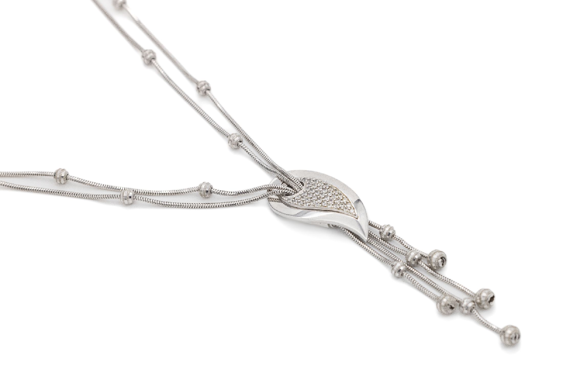 14 kt Gold Brillant-Collier, WG 585/000, Similisteinbesatz, Kette 2-reihig, Abhängungenmit Kugelornamenten L. ca. 45 cm, Karabiner- schließe, ...