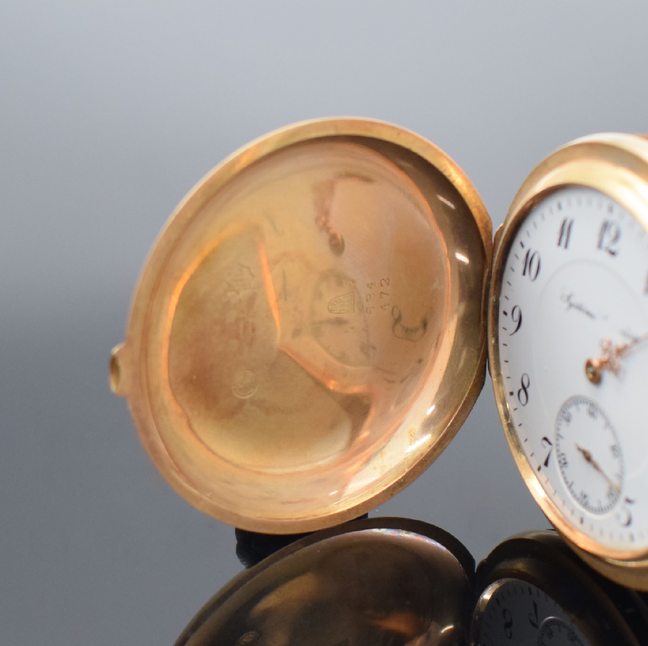Detail a: SYSTEME GLASHÜTTE Savonette in RoseG 585/000, Schweiz um 1900, 3-Deckel Goldgeh. m. a-goutte-Schlüssen dell., Emailzifferbl. m. arab. Zahlen ...