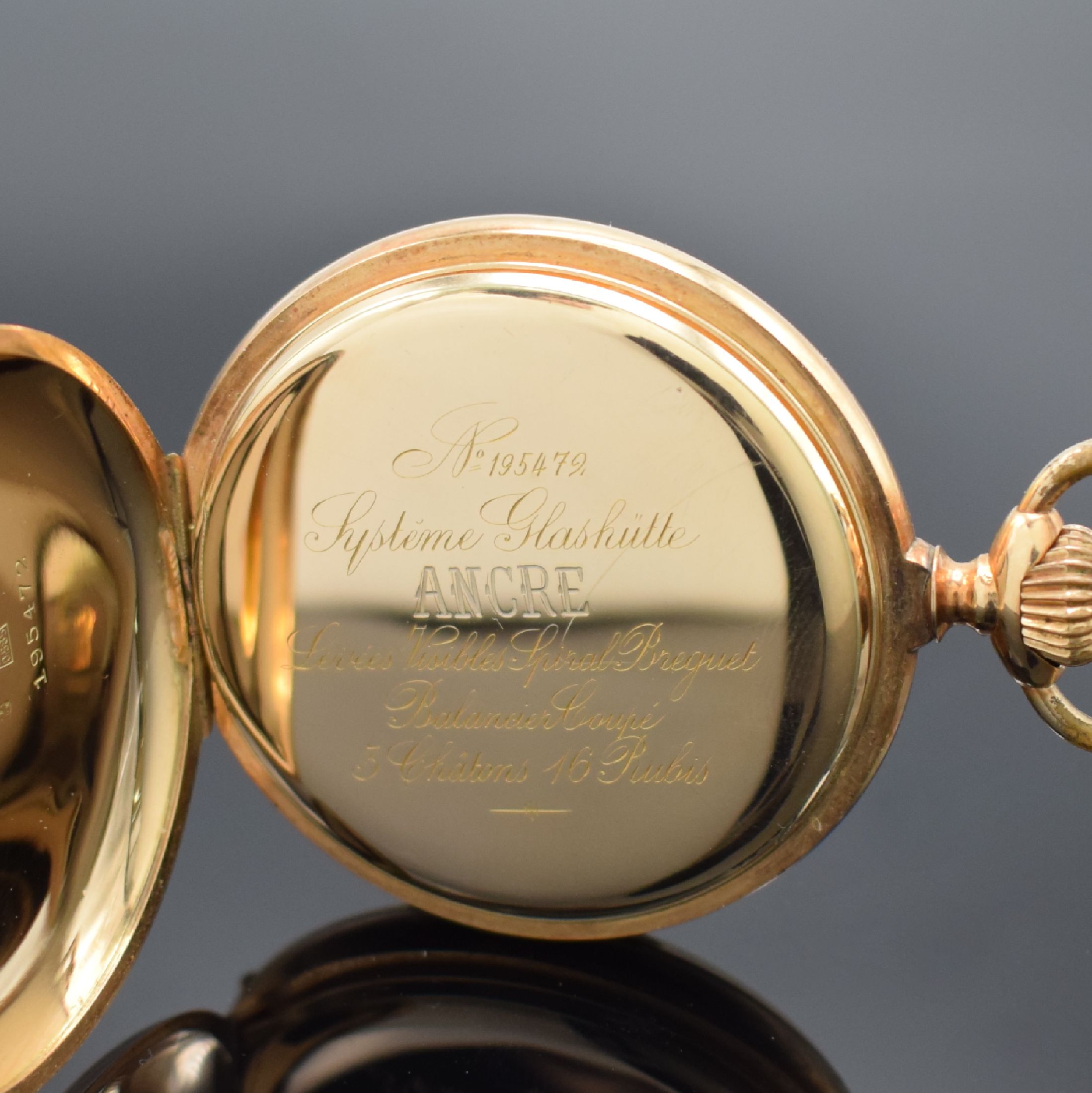 Detail e: SYSTEME GLASHÜTTE Savonette in RoseG 585/000, Schweiz um 1900, 3-Deckel Goldgeh. m. a-goutte-Schlüssen dell., Emailzifferbl. m. arab. Zahlen ...